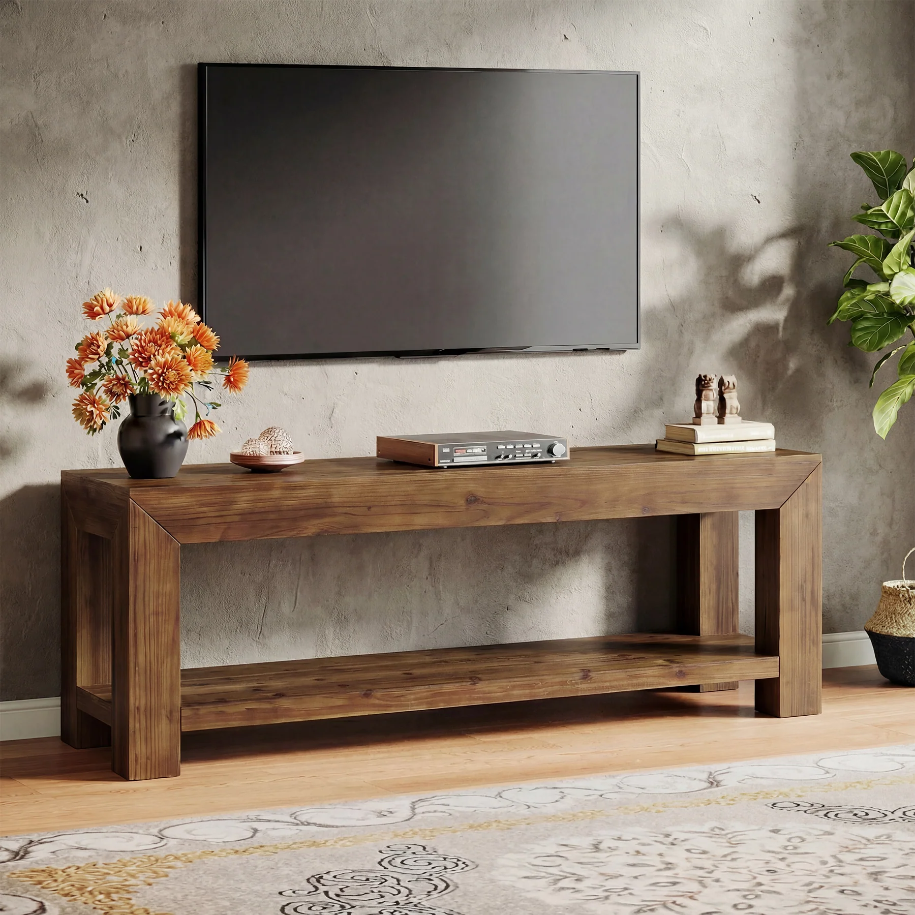 Tribesigns 63-Inch Solid Wood TV Stand for TVs up to 75 Inches with 2-Tier Open Storage Shelves - Image 8