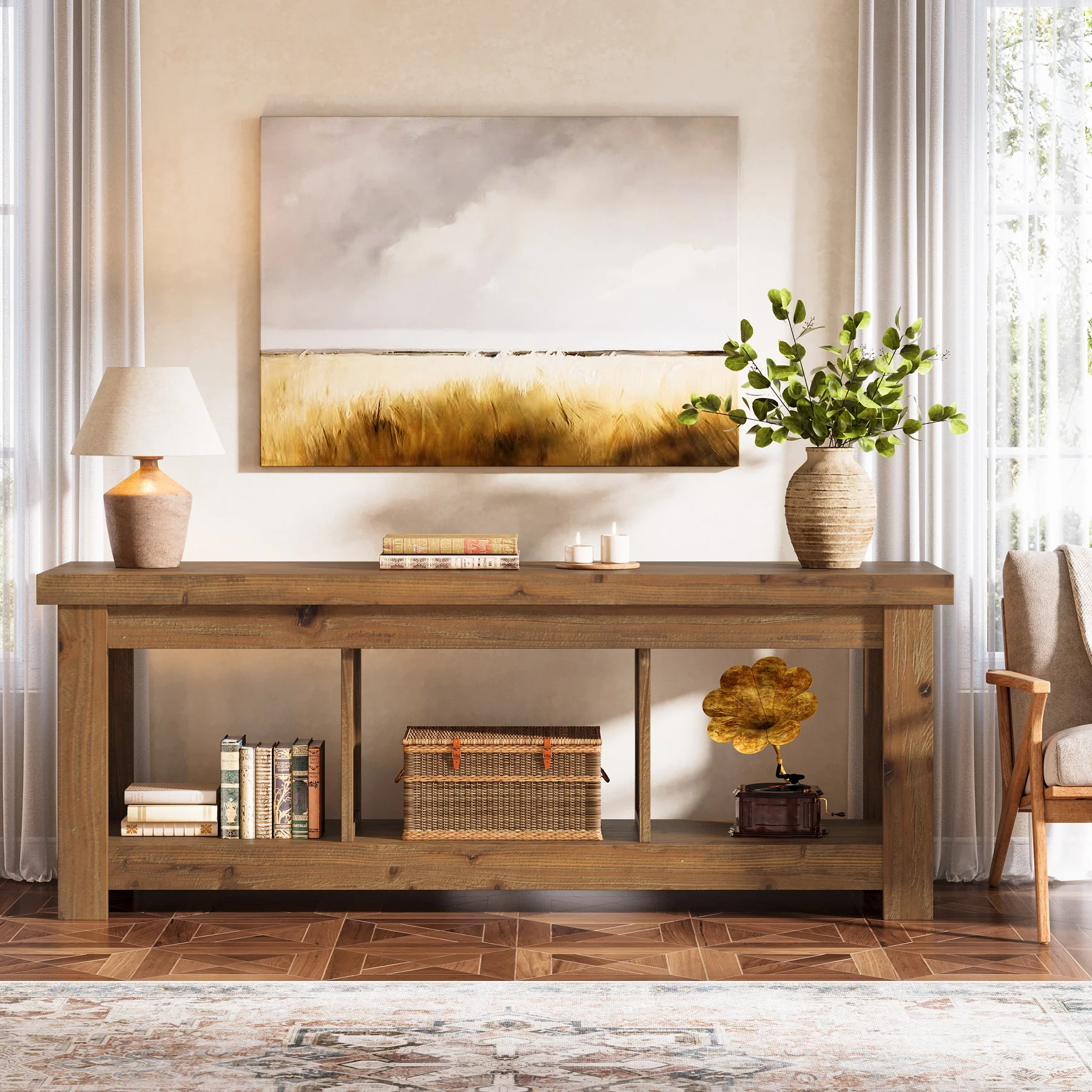 Tribesigns 63-Inch Solid Wood TV Stand with 3 Open Storage Shelves, Farmhouse Entertainment Center for TVs up to 75 Inches - Image 10
