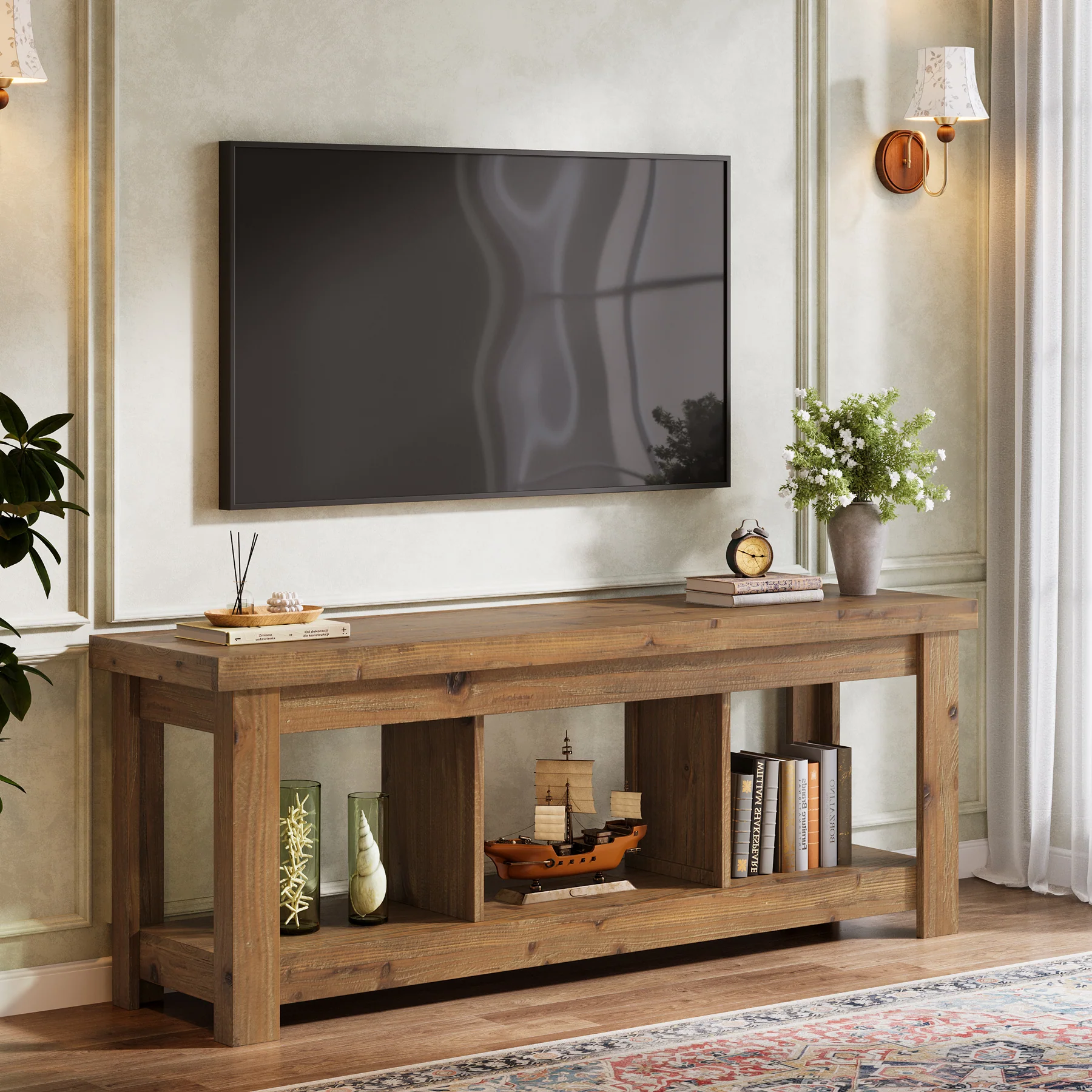 Tribesigns 63-Inch Solid Wood TV Stand with 3 Open Storage Shelves, Farmhouse Entertainment Center for TVs up to 75 Inches - Image 6