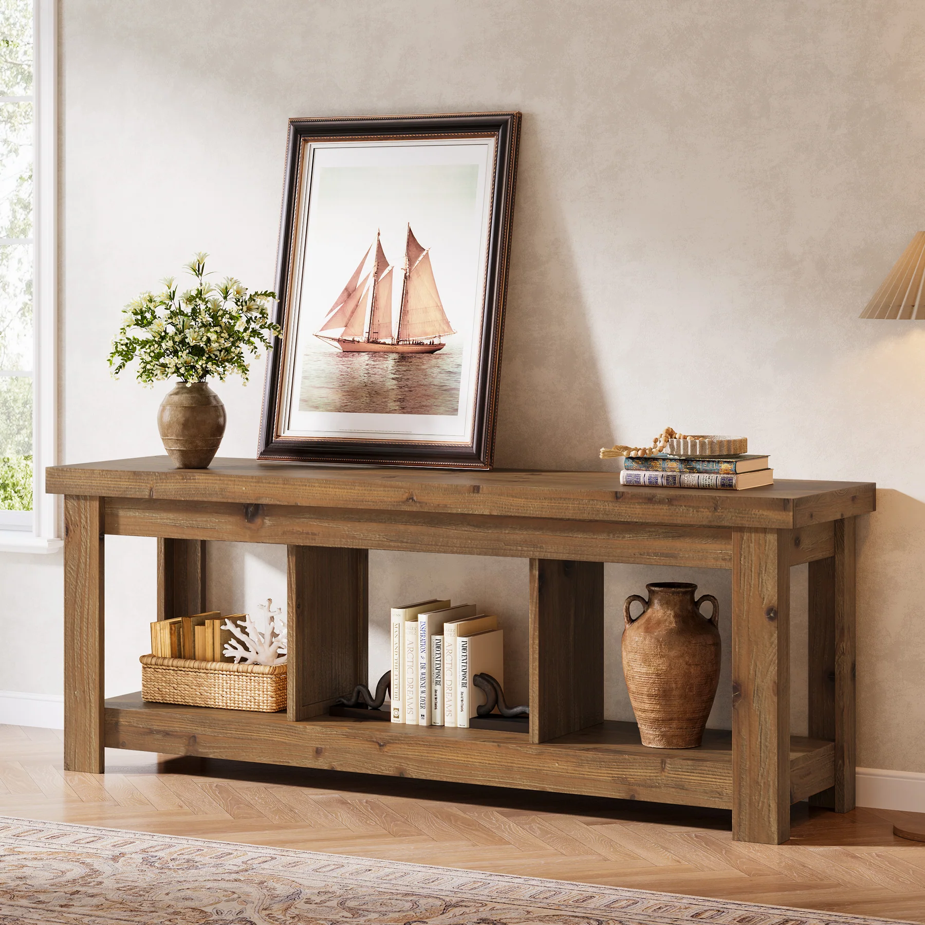 Tribesigns 63-Inch Solid Wood TV Stand with 3 Open Storage Shelves, Farmhouse Entertainment Center for TVs up to 75 Inches - Image 7