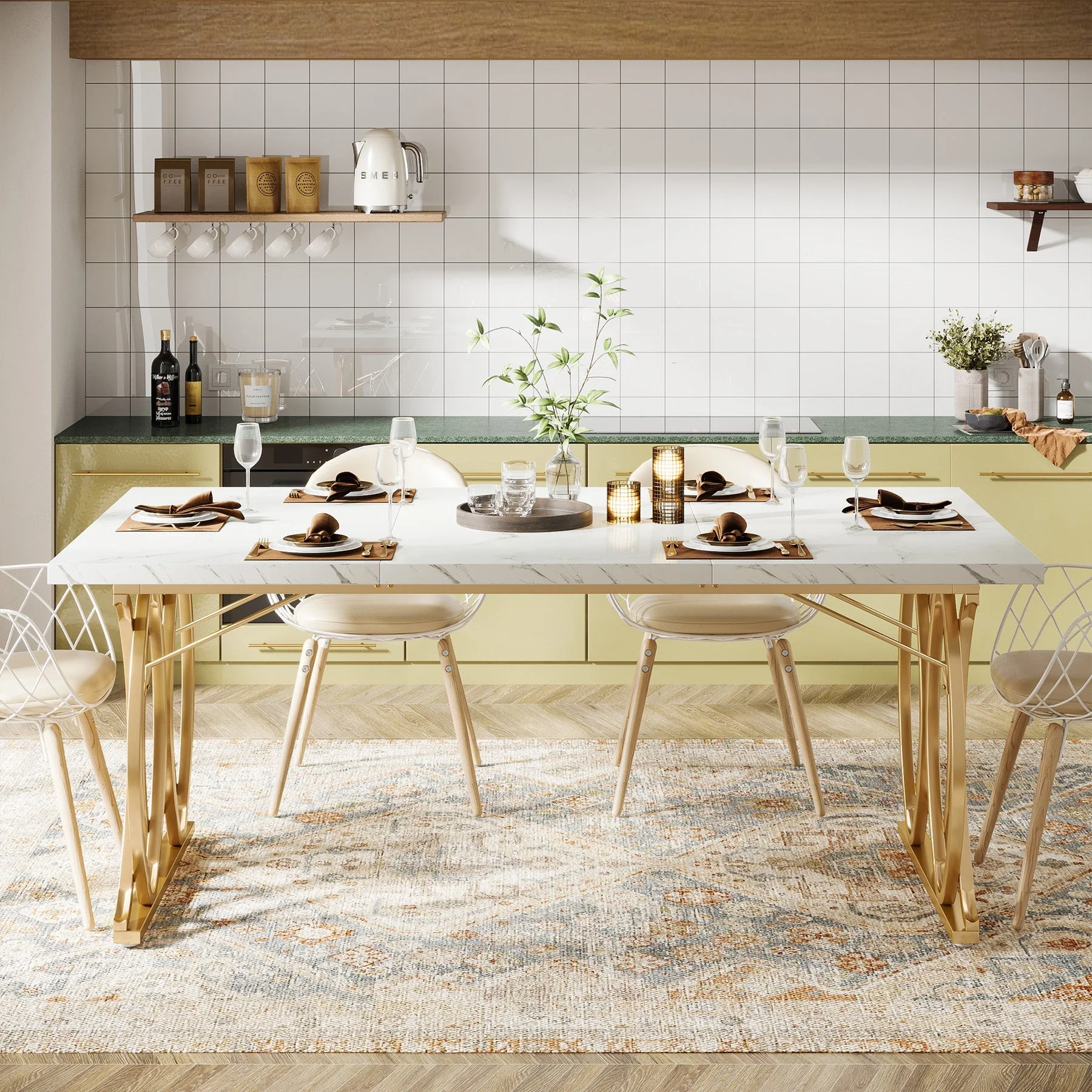 Tribesigns 63-inch Modern Dining Table, White Marble Top with Gold Geometric Legs - Image 3