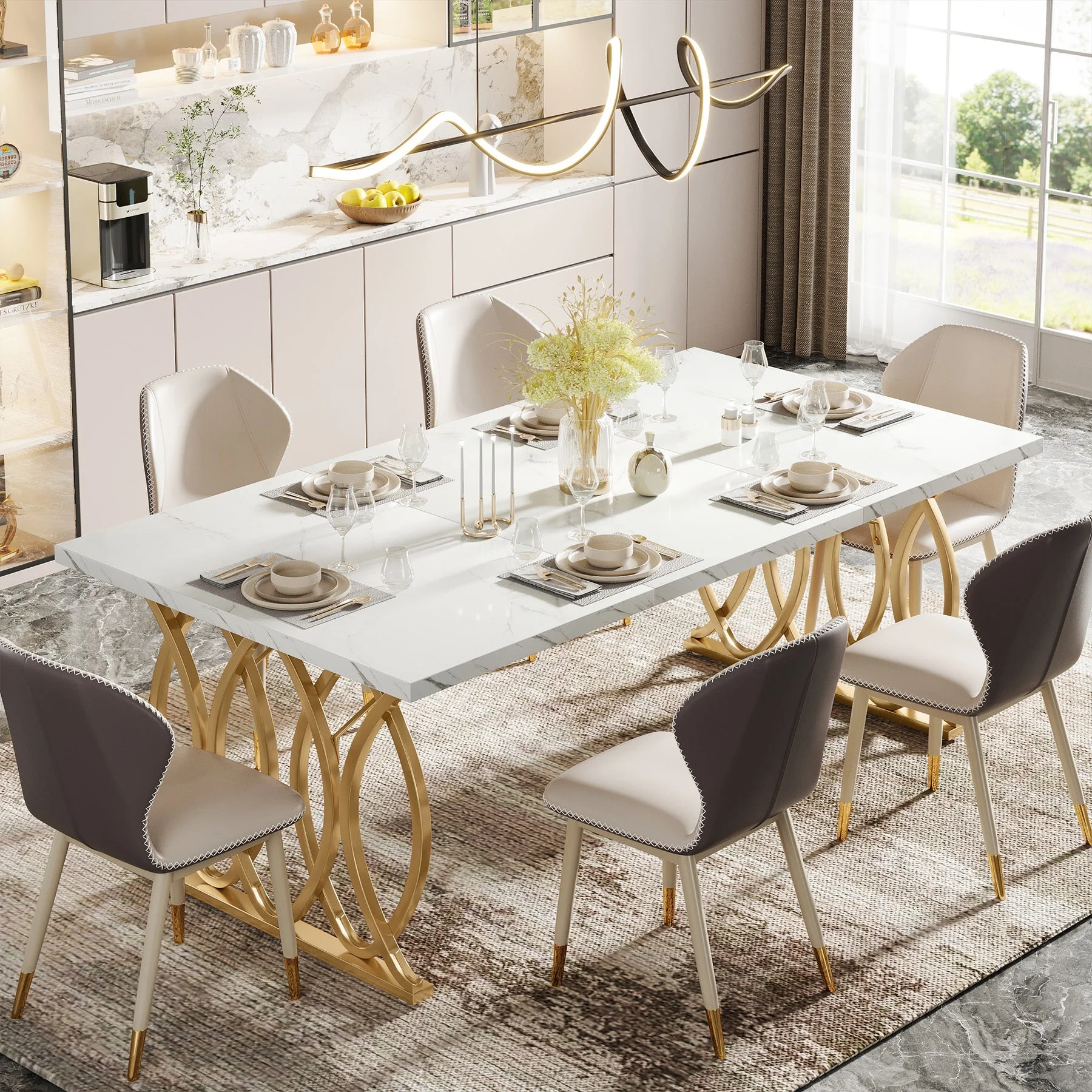 Tribesigns 63-inch Modern Dining Table, White Marble Top with Gold Geometric Legs - Image 4
