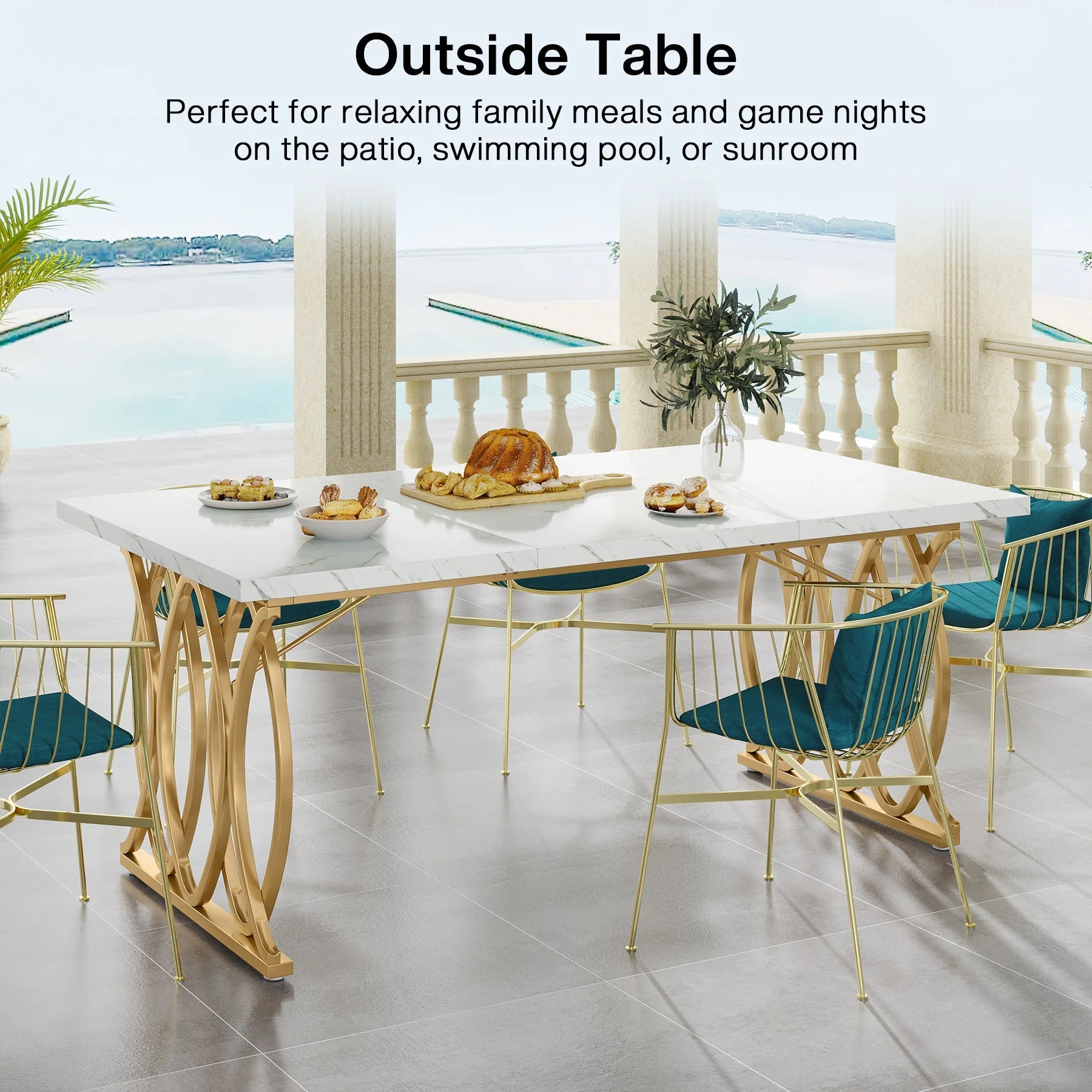 Tribesigns 63-inch Modern Dining Table, White Marble Top with Gold Geometric Legs - Image 5