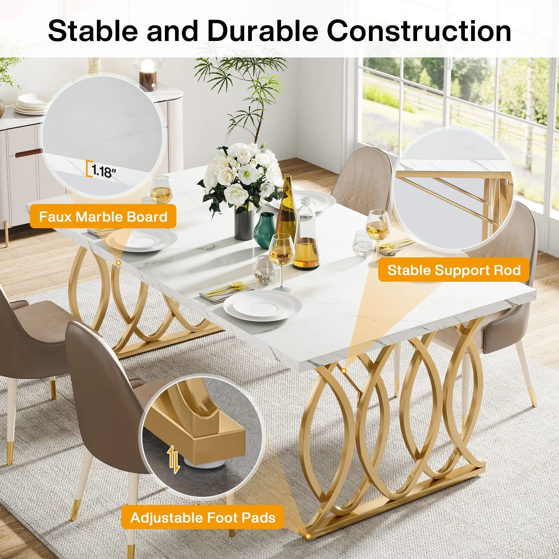 Tribesigns 63-inch Modern Dining Table, White Marble Top with Gold Geometric Legs - Image 6