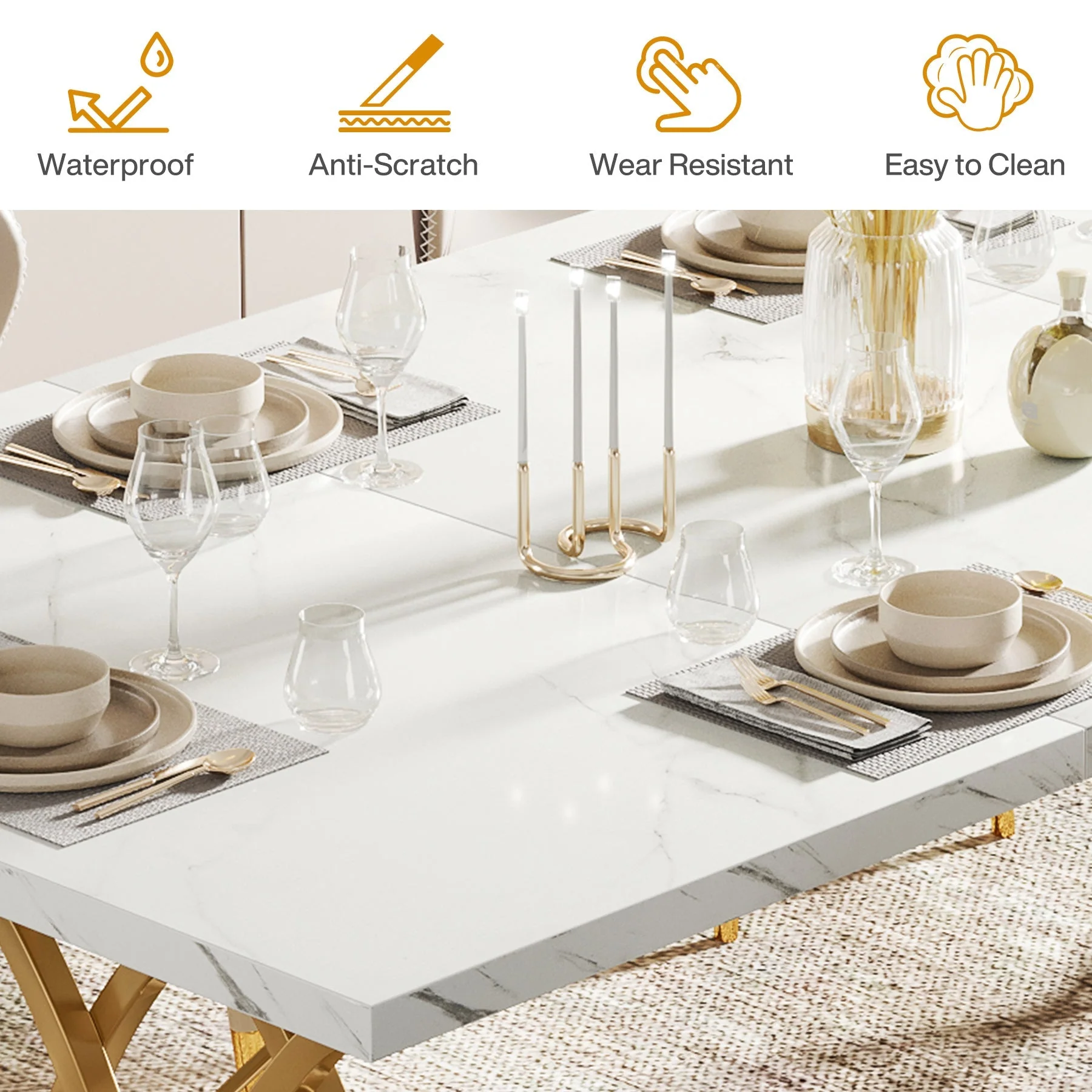 Tribesigns 63-inch Modern Dining Table, White Marble Top with Gold Geometric Legs - Image 7