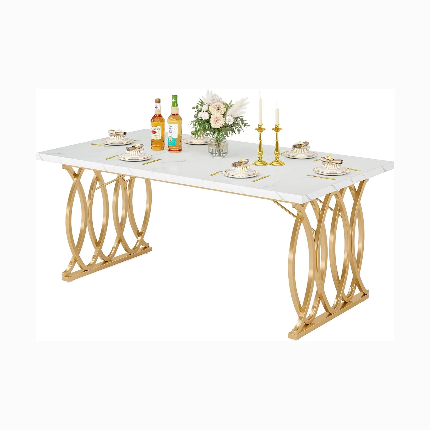 Tribesigns 63-inch Modern Dining Table, White Marble Top with Gold Geometric Legs - Image 8