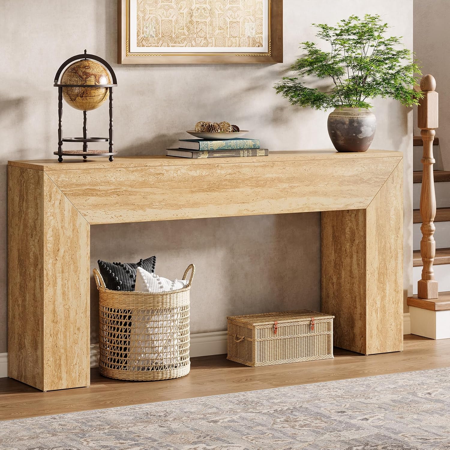 Tribesigns 63" Narrow Sofa Console with Faux Travertine Finish - Image 5
