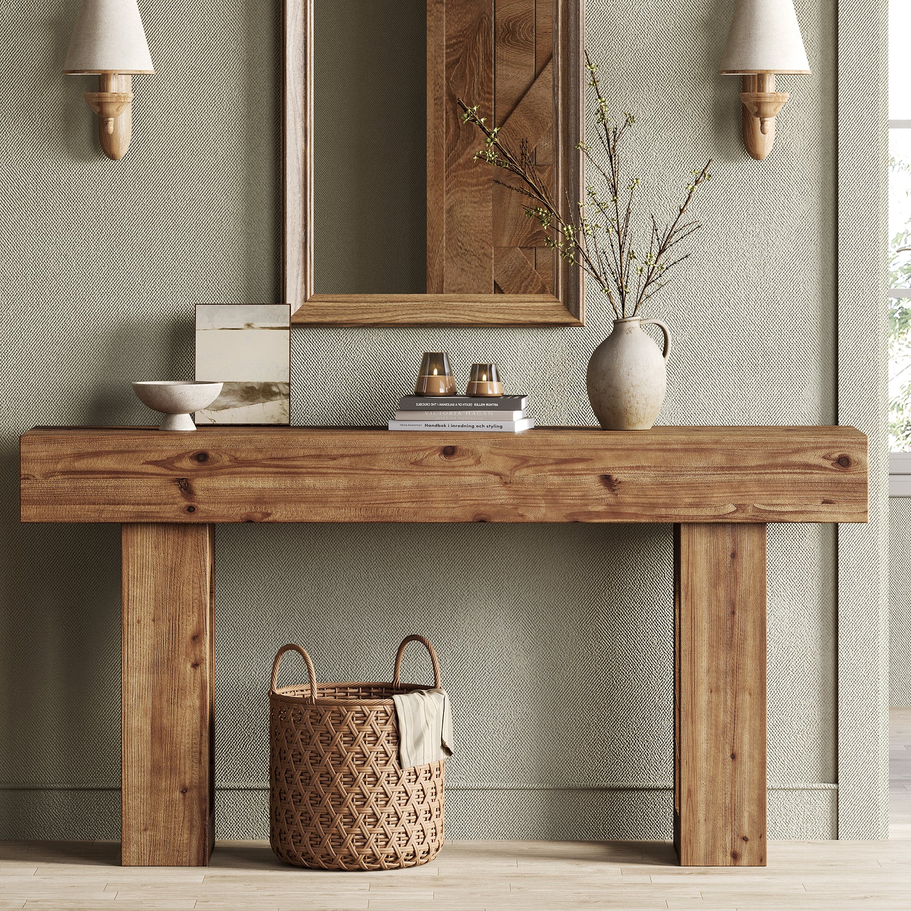 63" Solid Wood Console Table for Entryway, Farmhouse Sofa Table Behind Couch for Living Room