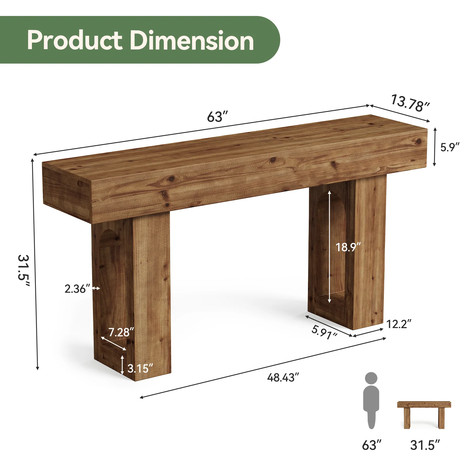 63" Solid Wood Console Table for Entryway, Farmhouse Sofa Table Behind Couch for Living Room - Image 2