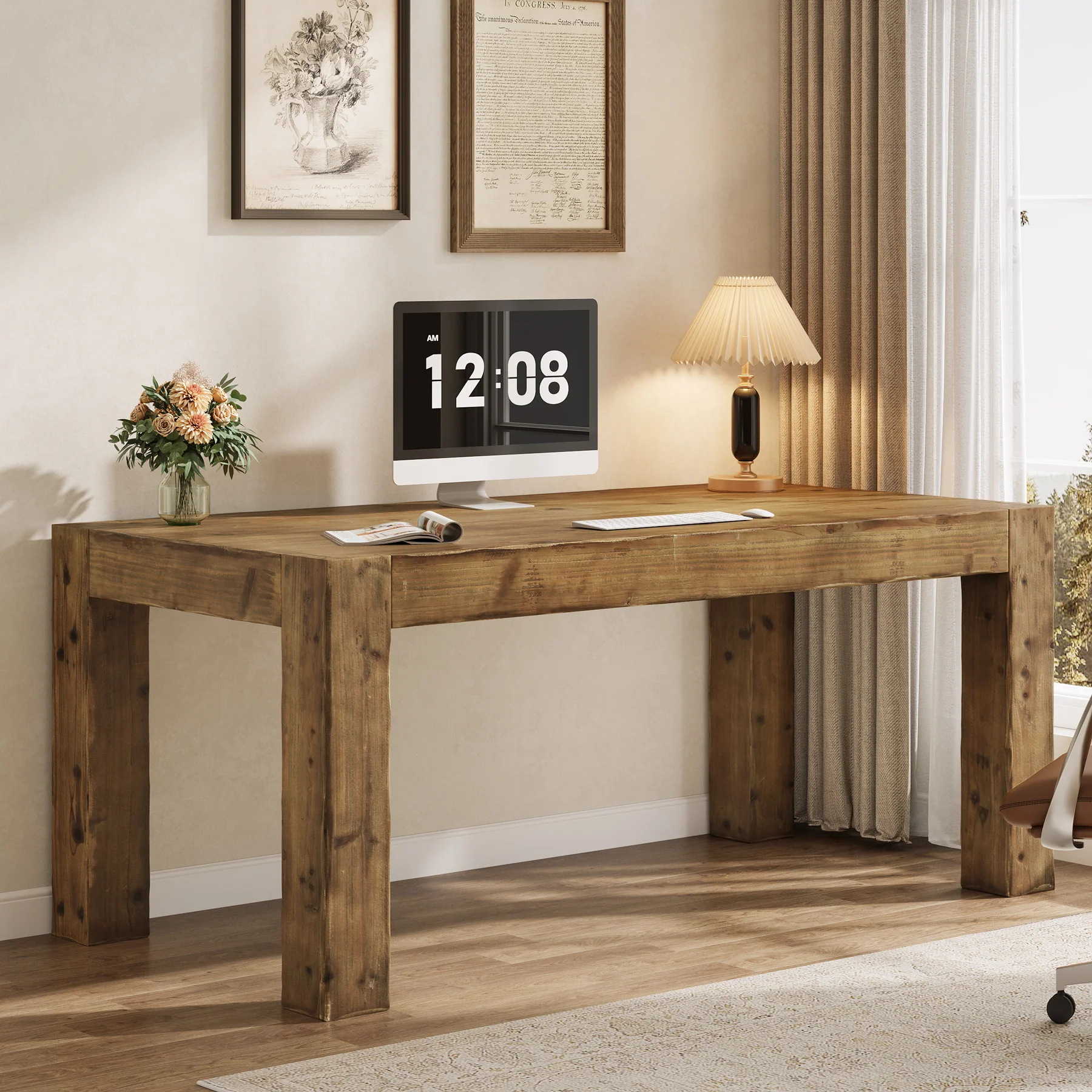 Tribesigns 63" Solid Wood Executive Desk, Rustic Computer Desk for Home Office (Only Table) - Image 4