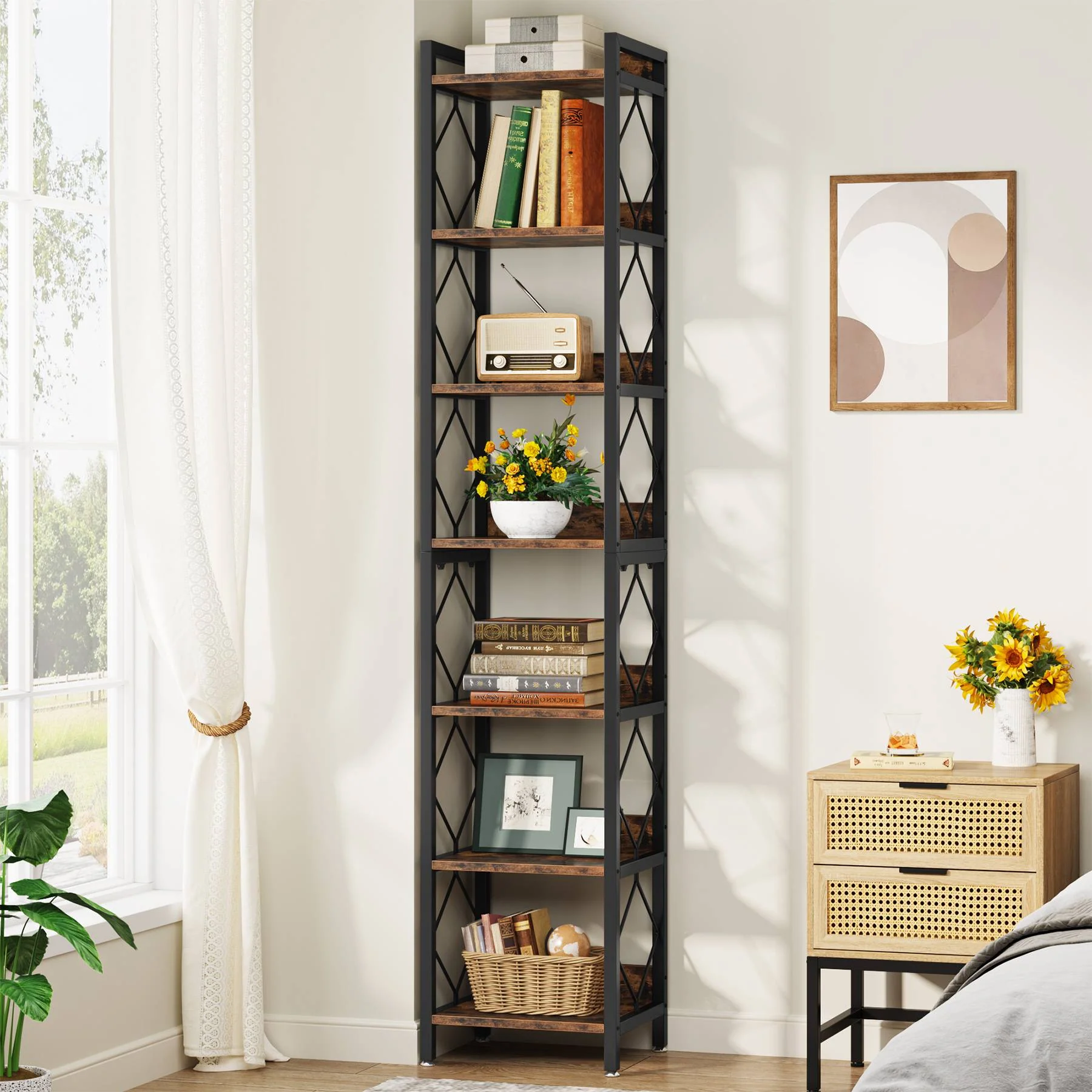 Modern 7-Tier Corner Shelf, 78.7" Tall Narrow Bookcase for Corners - Image 3