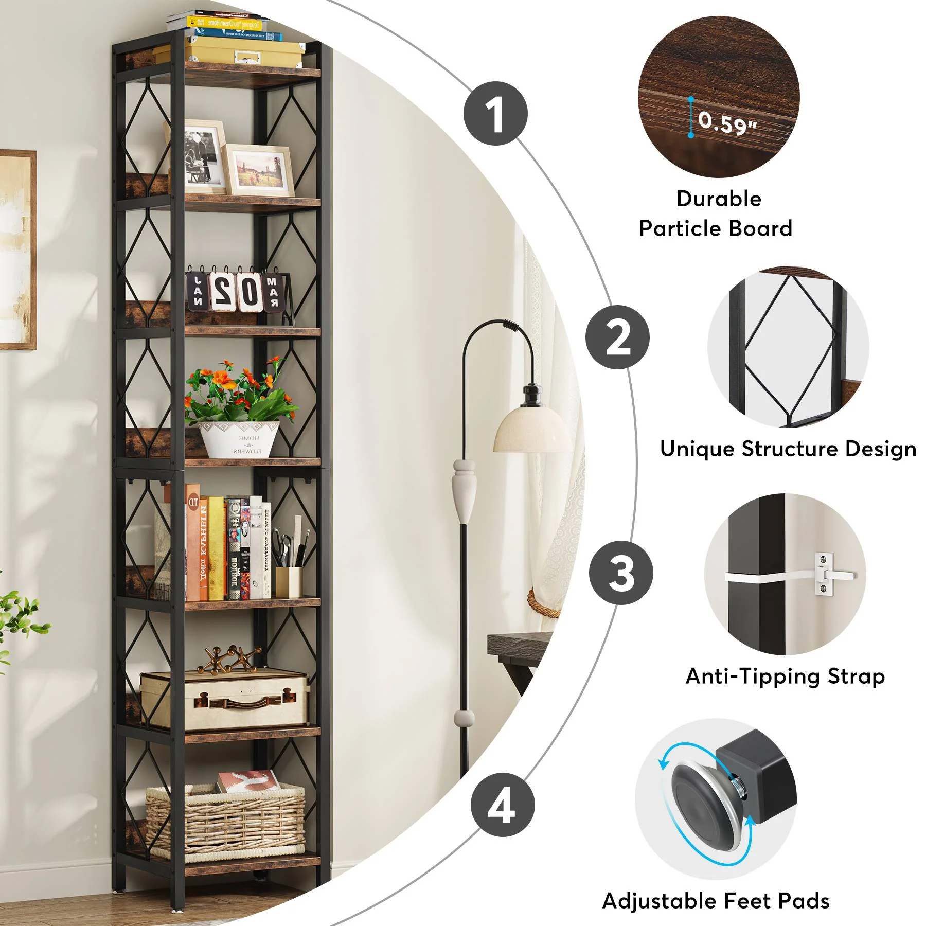 Modern 7-Tier Corner Shelf, 78.7" Tall Narrow Bookcase for Corners - Image 5