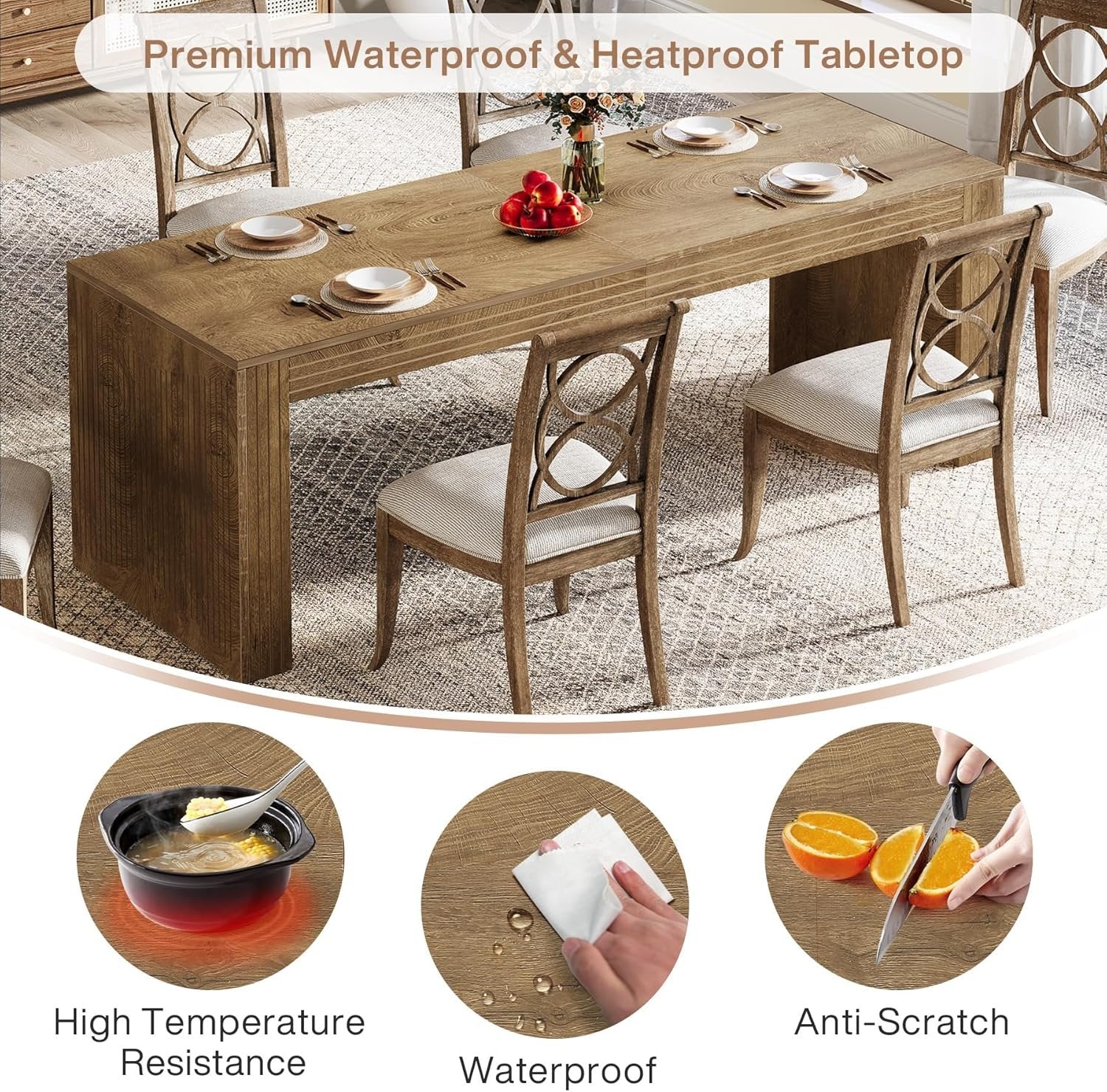 78.7" Large Dining Table for 8 Seater, Modern Rectangular Wooden Table - Image 6