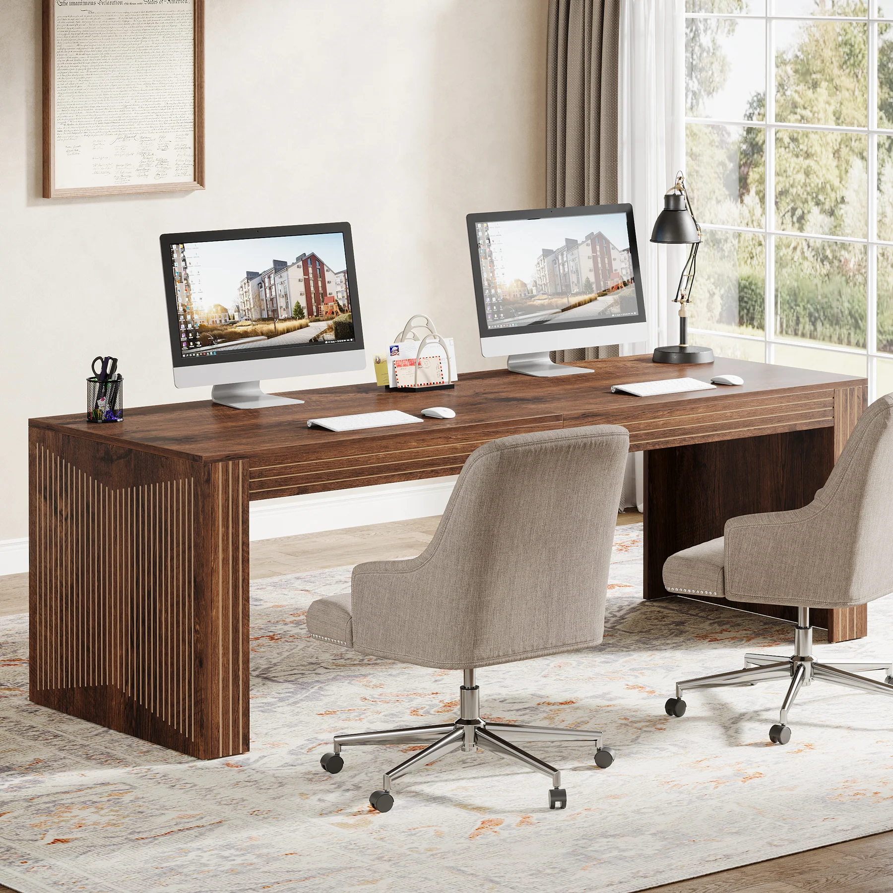 78" Extra Long Desk, Two Person Home Office Desk in Natural - Image 11