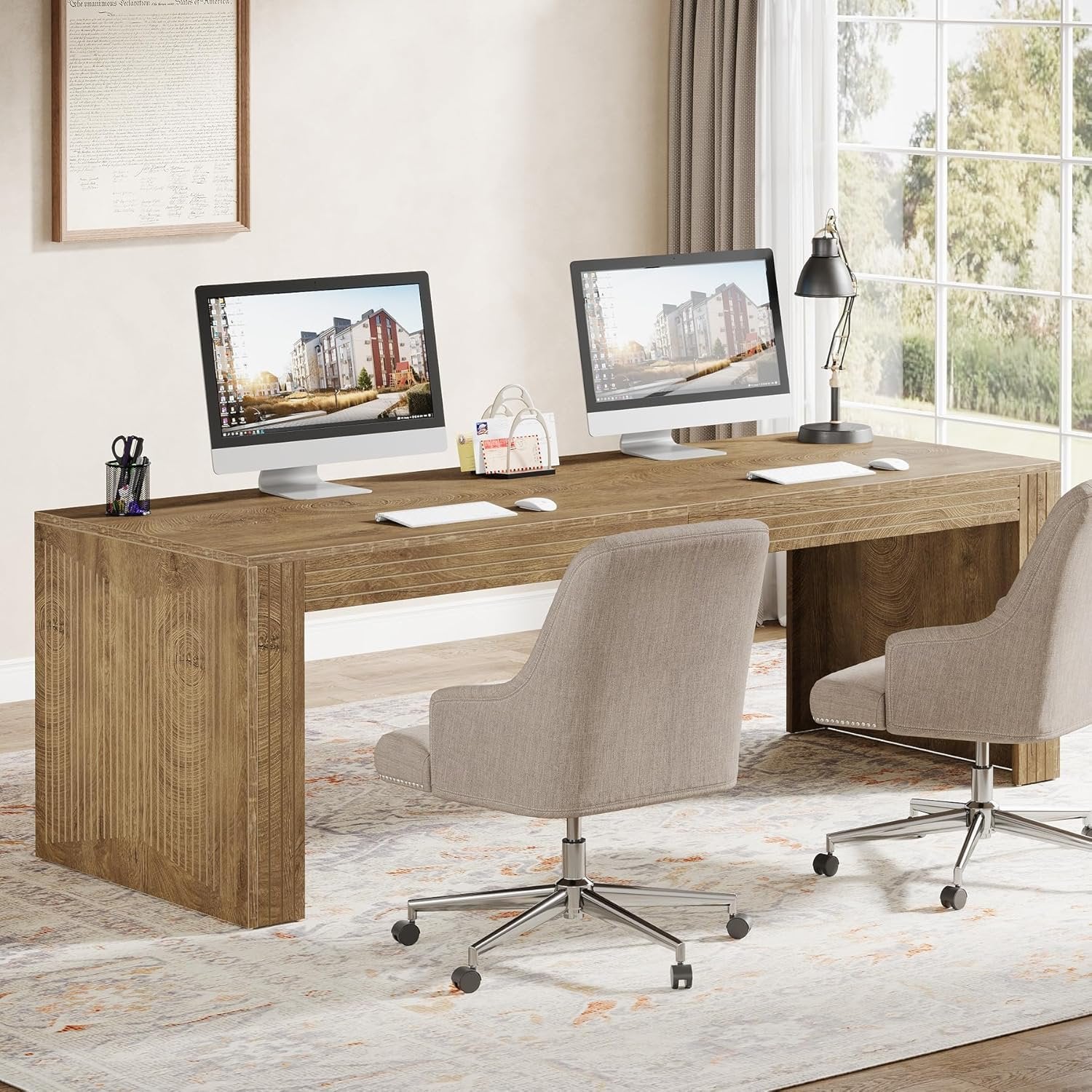 78" Extra Long Desk, Two Person Home Office Desk in Natural - Image 3