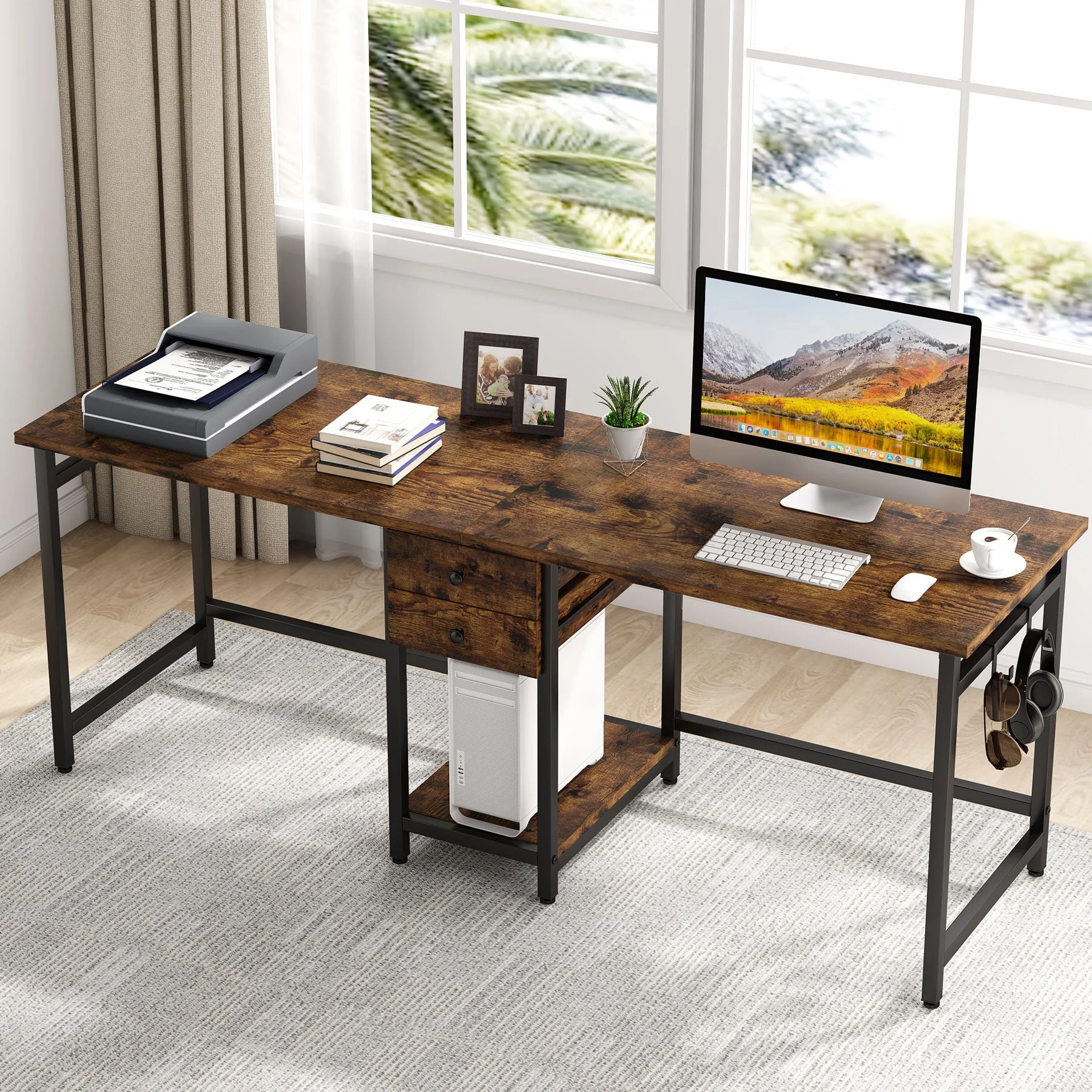 Industrial Two Person Desk, 78’’ Double Computer Desk with Drawers - Image 3
