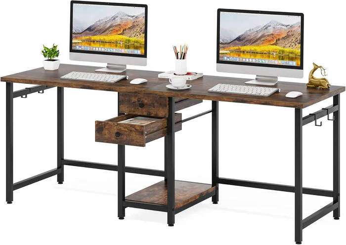 Industrial Two Person Desk, 78’’ Double Computer Desk with Drawers - Image 7