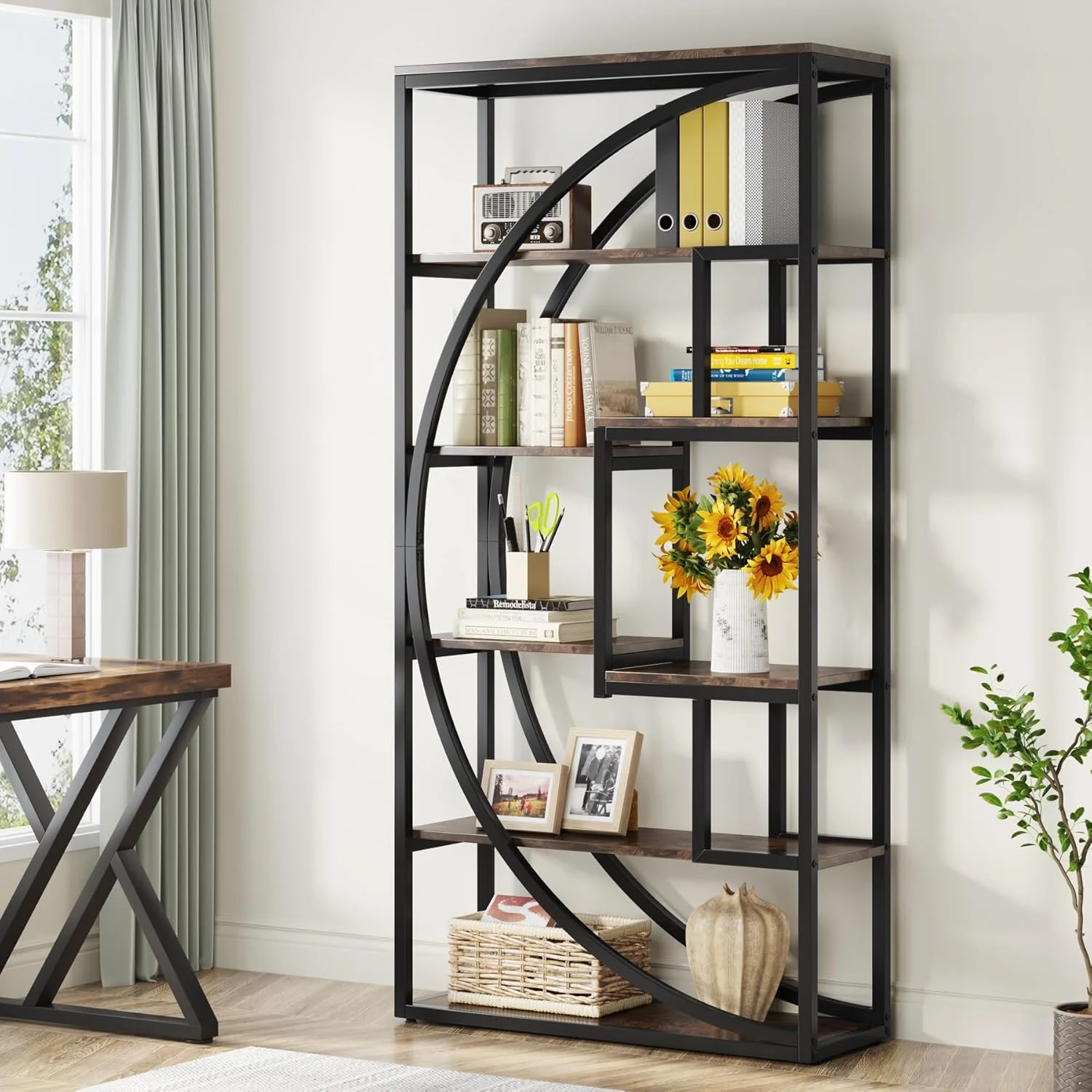 70.8" Industrial Bookshelf, 5-Tier Open Bookcase for Home Office and Living Room in Rustic Brown - Image 4