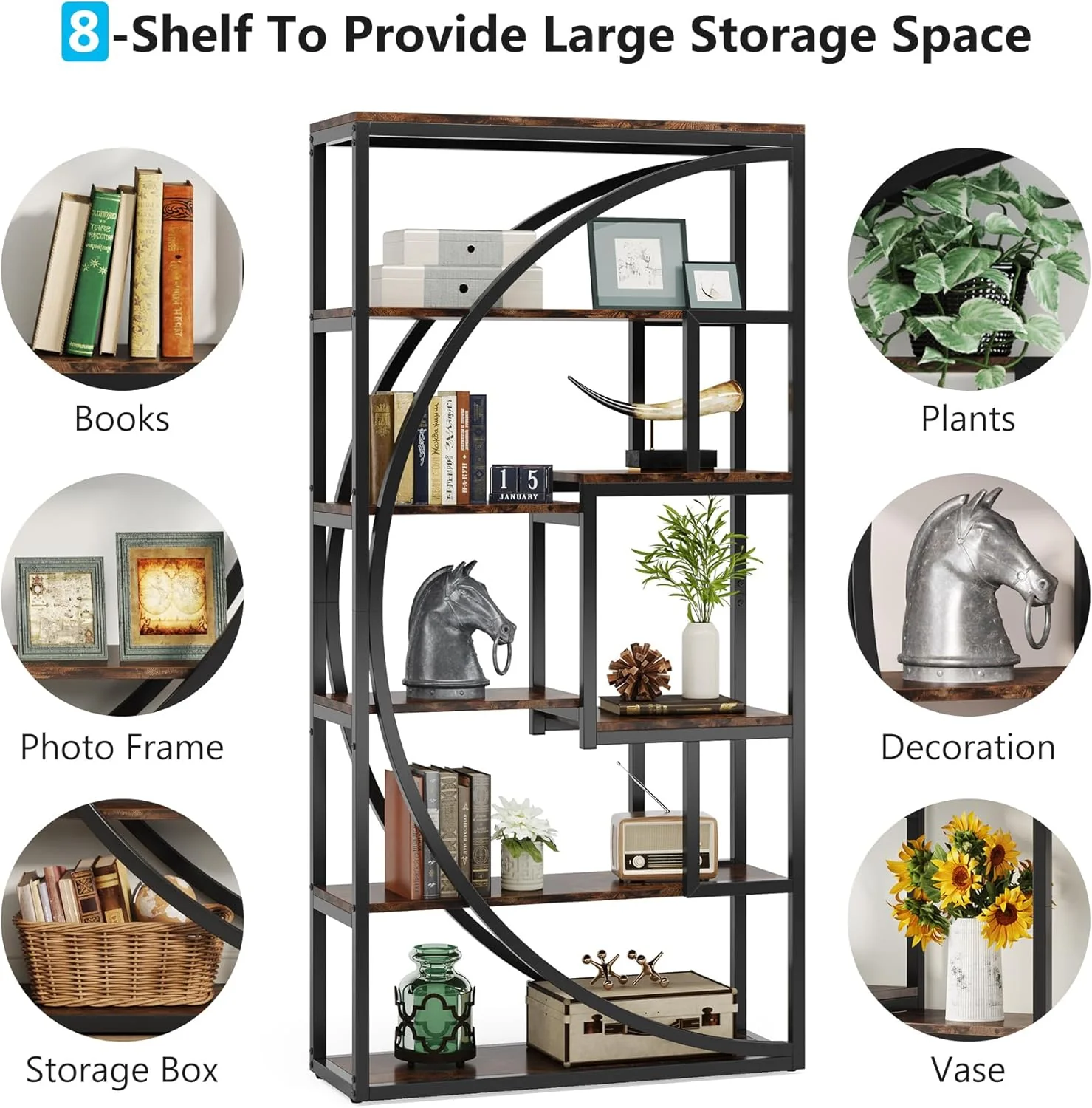 70.8" Industrial Bookshelf, 5-Tier Open Bookcase for Home Office and Living Room in Rustic Brown - Image 6