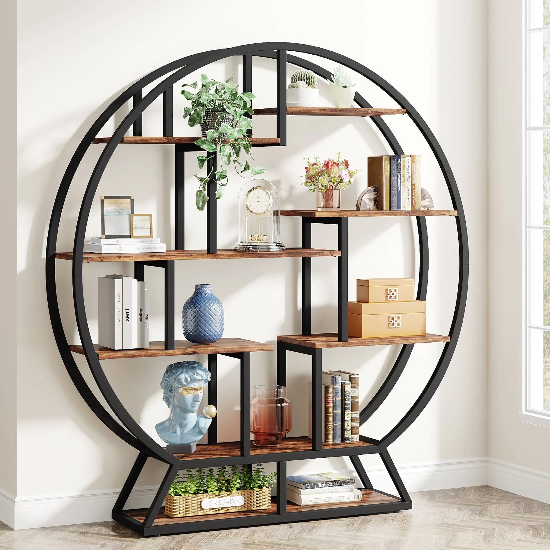 Round Bookshelf, 63 Inch Etagere Bookcase with Staggered Shelves - Image 3