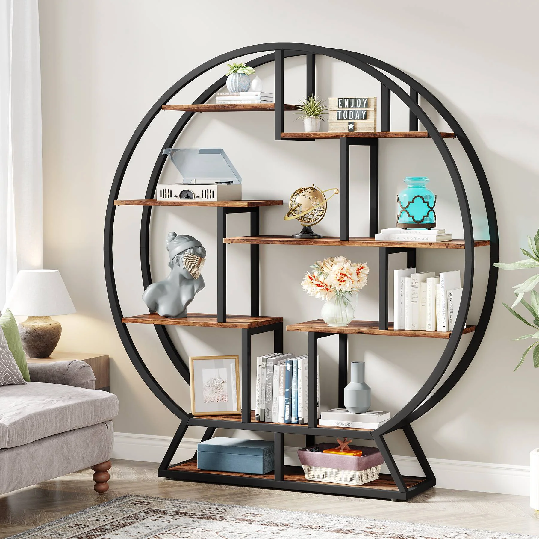 Round Bookshelf, 63 Inch Etagere Bookcase with Staggered Shelves - Image 4