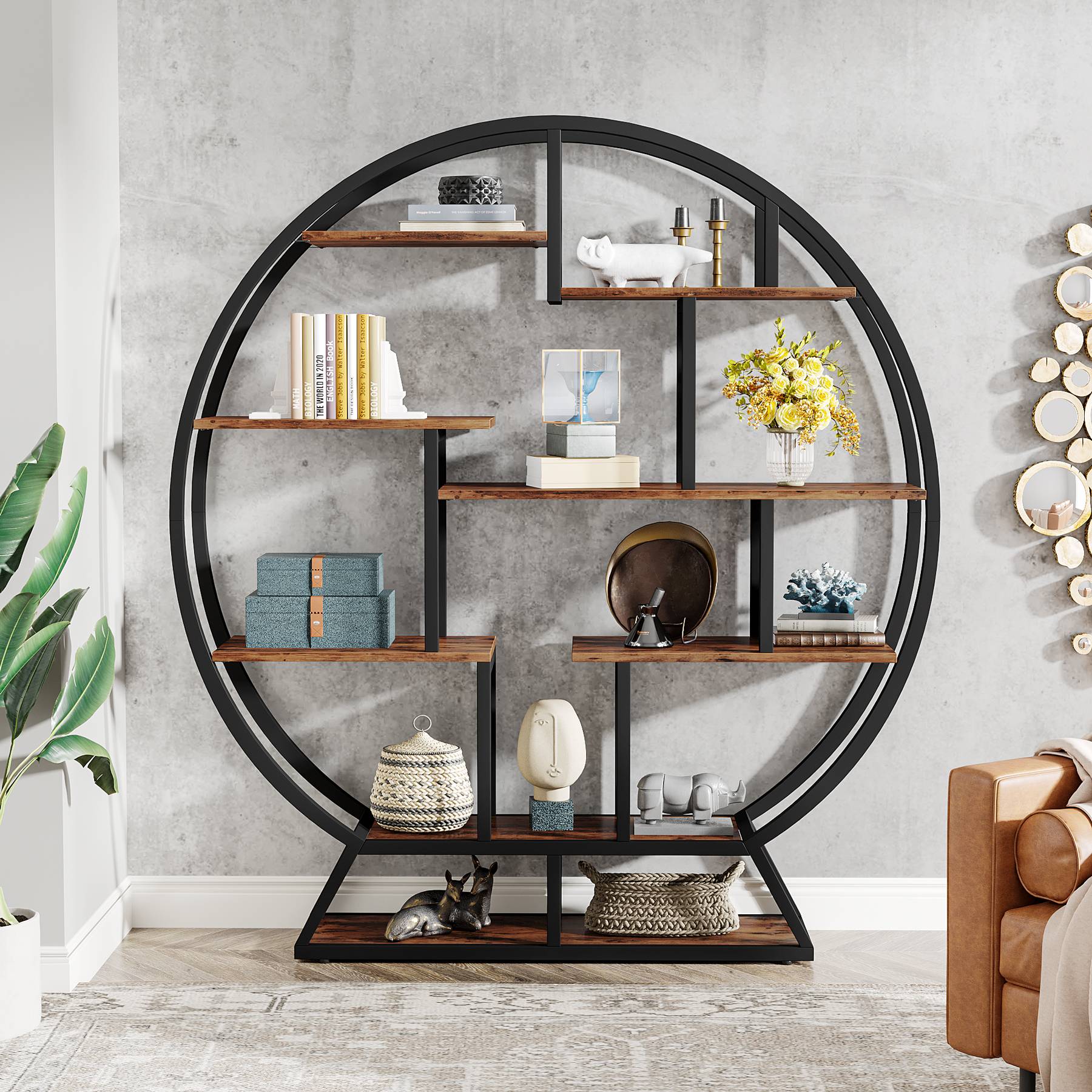Round Bookshelf, 63 Inch Etagere Bookcase with Staggered Shelves - Image 5