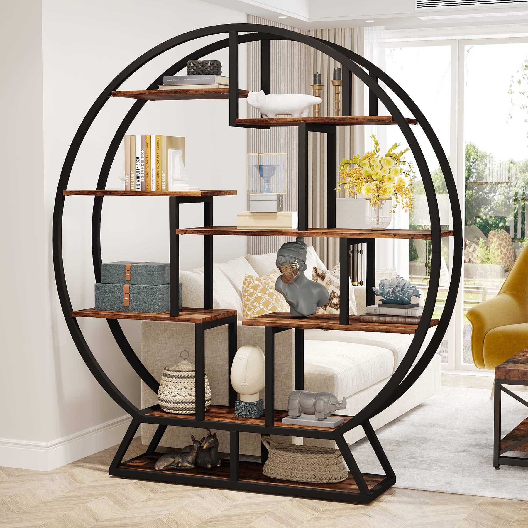 Round Bookshelf, 63 Inch Etagere Bookcase with Staggered Shelves - Image 6
