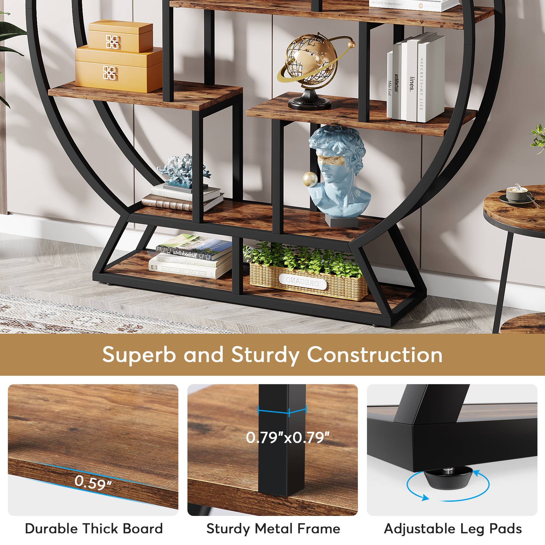 Round Bookshelf, 63 Inch Etagere Bookcase with Staggered Shelves - Image 7