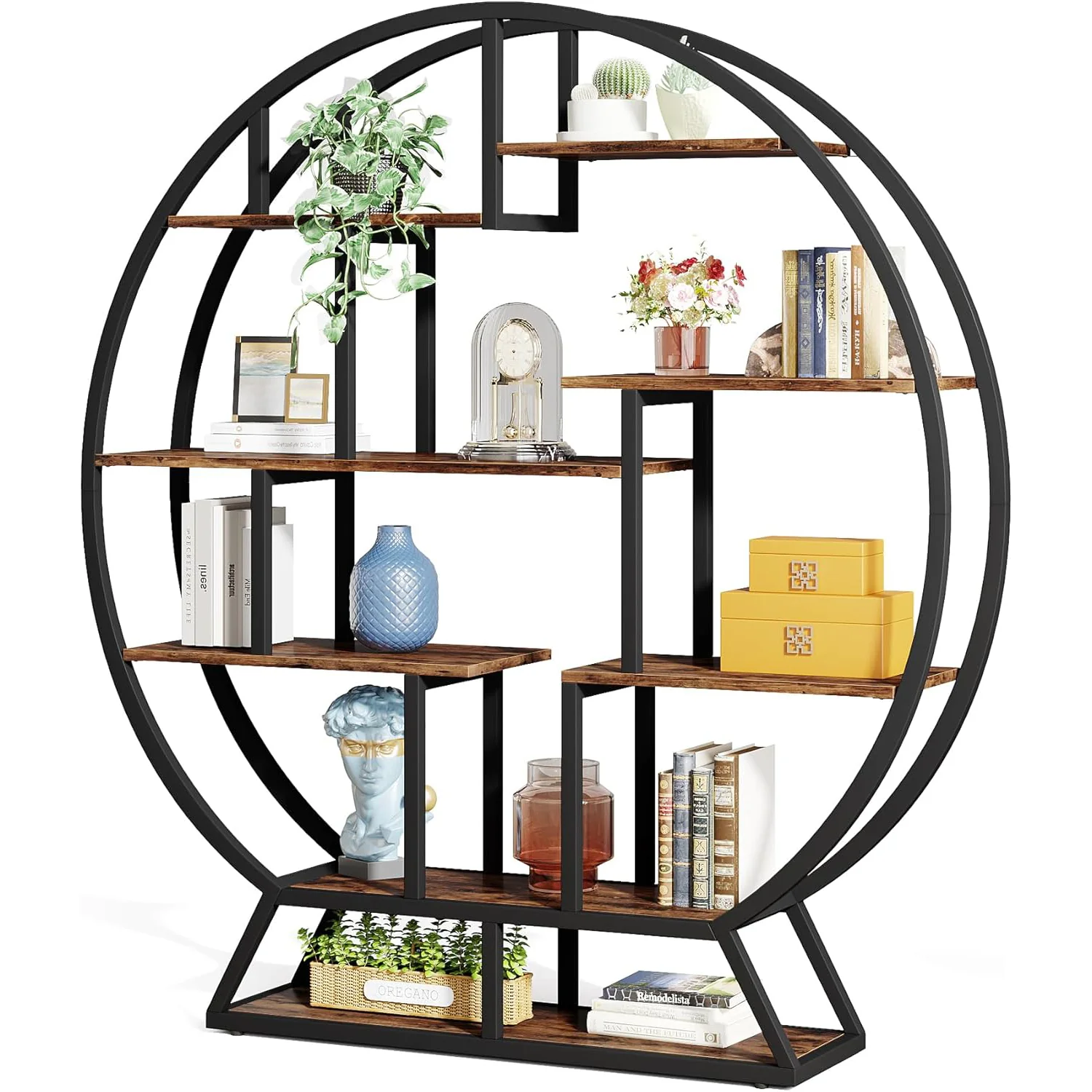 Round Bookshelf, 63 Inch Etagere Bookcase with Staggered Shelves - Image 8