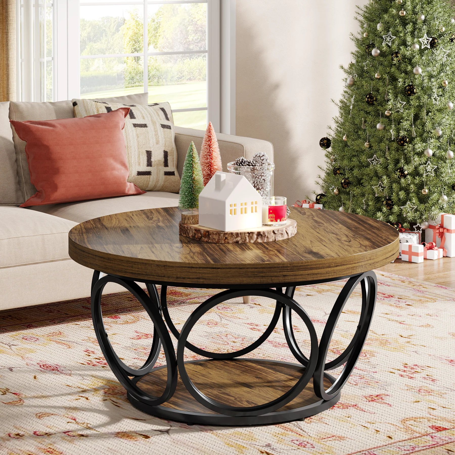 Tribesigns Coffee Table, Round Center Table with 2 Storage Shelves - Image 10