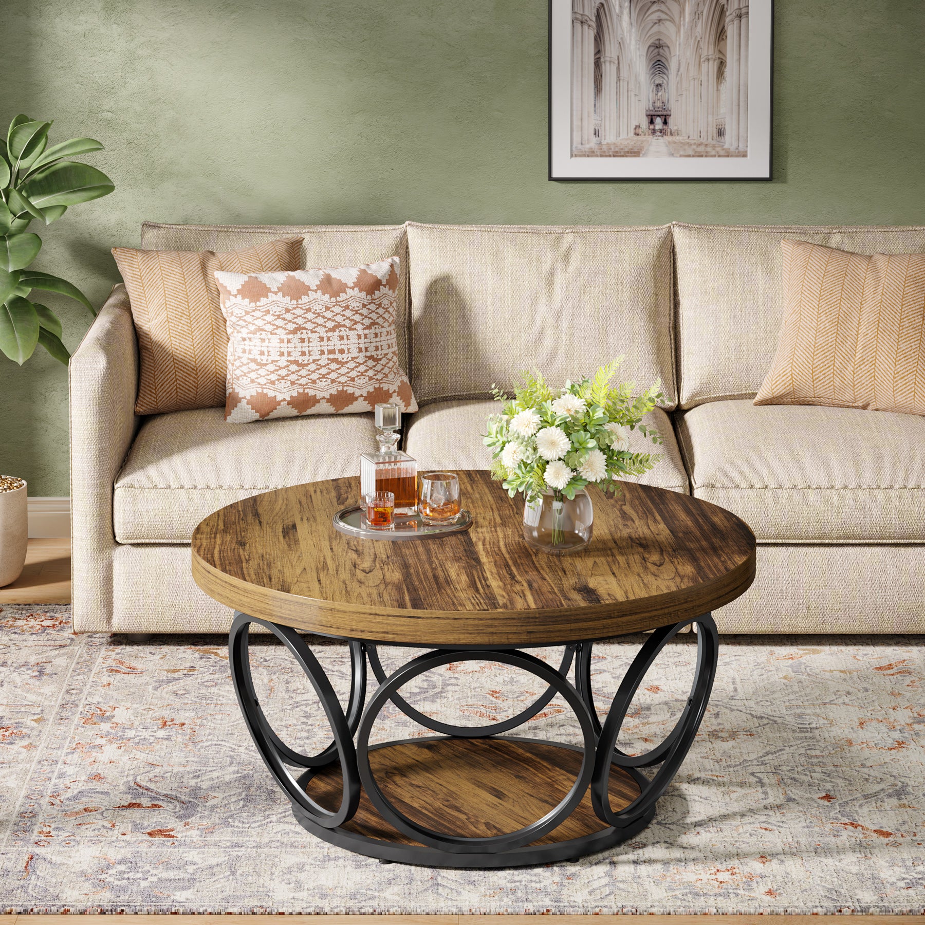 Tribesigns Coffee Table, Round Center Table with 2 Storage Shelves - Image 11