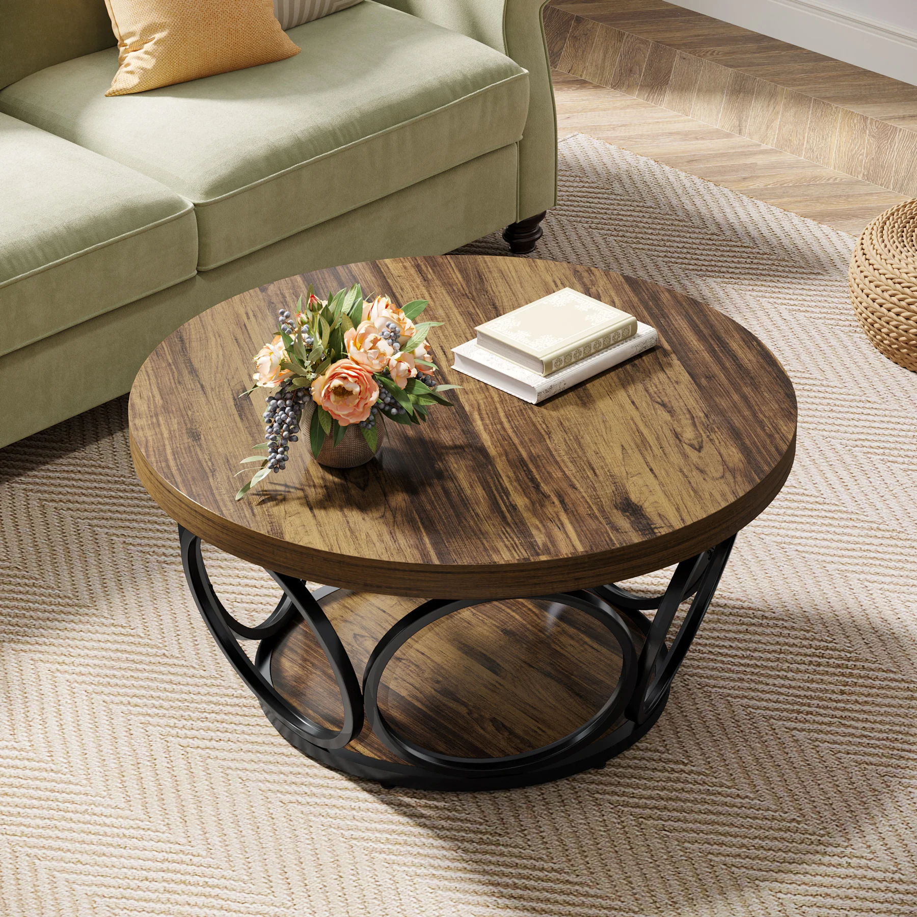 Tribesigns Coffee Table, Round Center Table with 2 Storage Shelves - Image 12