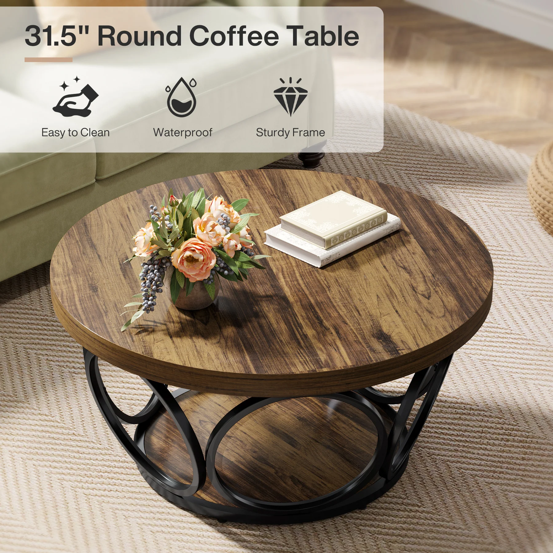 Tribesigns Coffee Table, Round Center Table with 2 Storage Shelves - Image 13