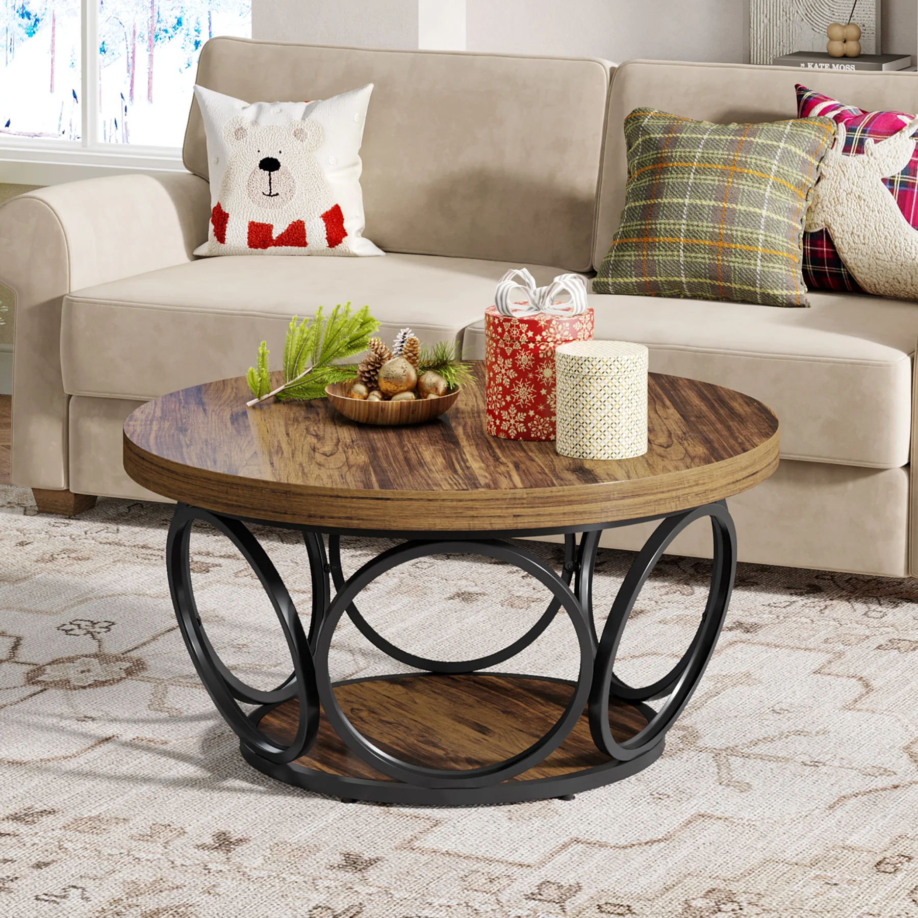 Tribesigns Coffee Table, Round Center Table with 2 Storage Shelves - Image 15