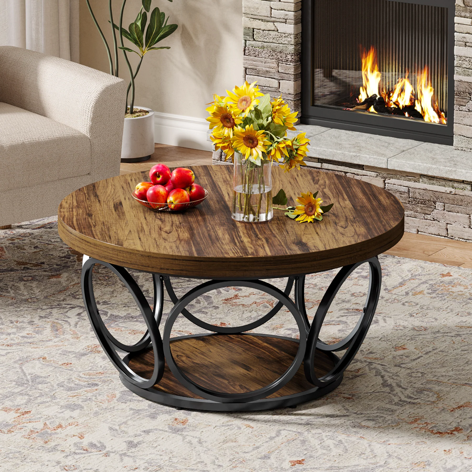 Tribesigns Coffee Table, Round Center Table with 2 Storage Shelves - Image 16
