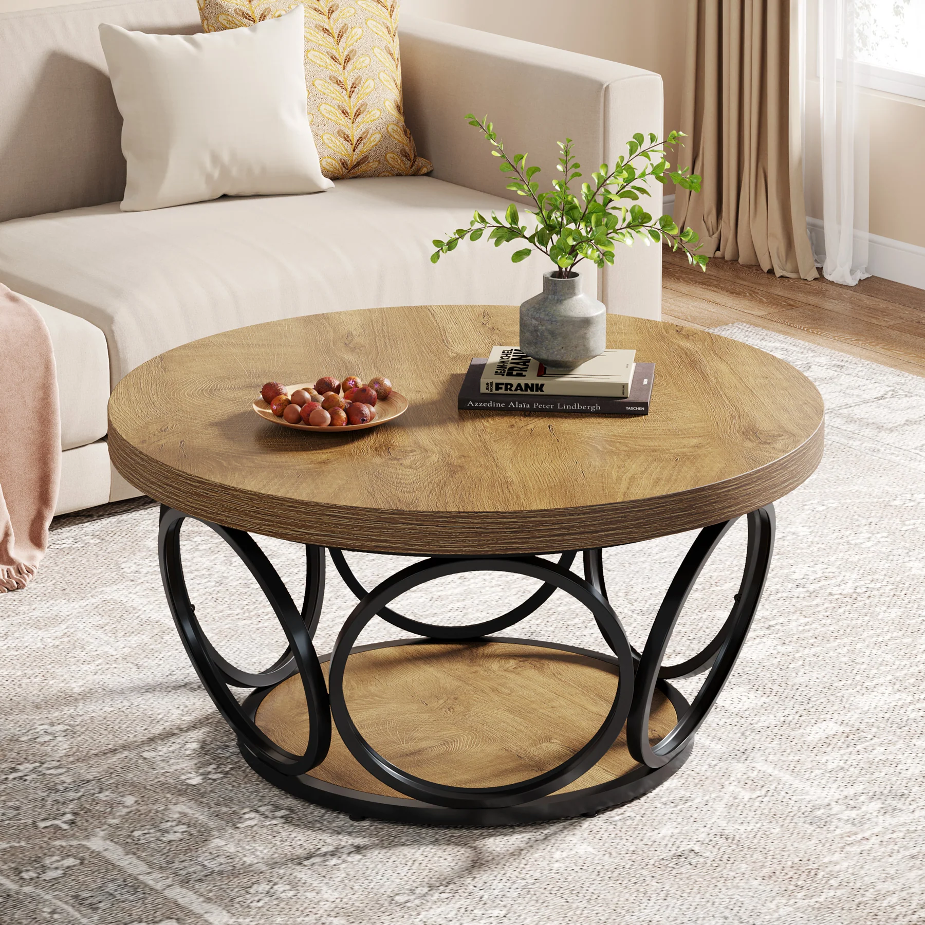 Tribesigns Coffee Table, Round Center Table with 2 Storage Shelves - Image 18
