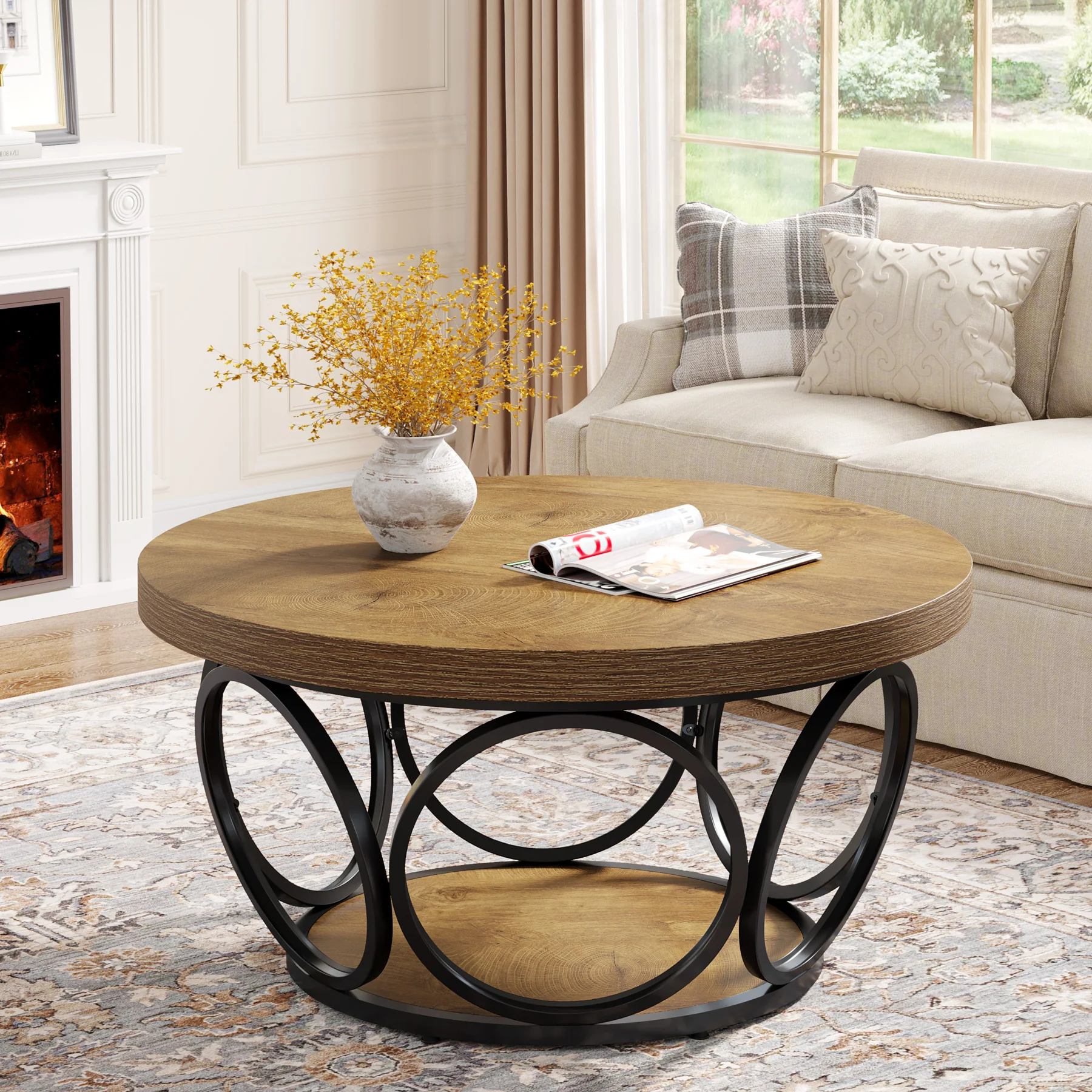 Tribesigns Coffee Table, Round Center Table with 2 Storage Shelves - Image 20