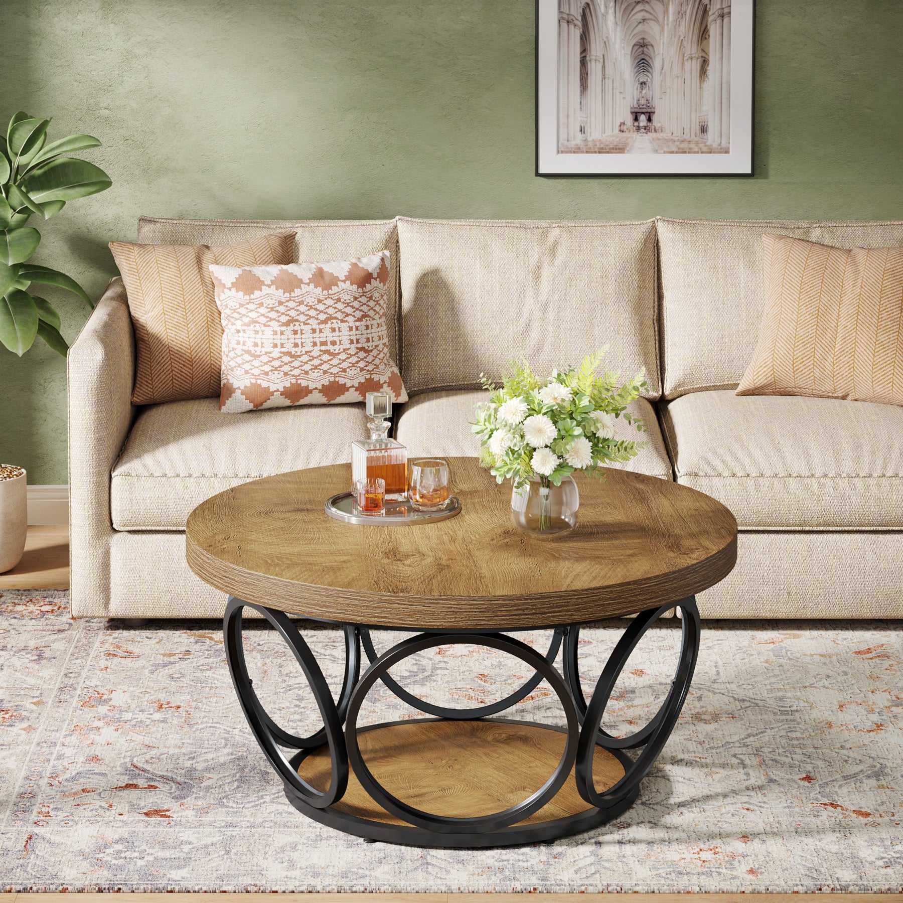Tribesigns Coffee Table, Round Center Table with 2 Storage Shelves - Image 22