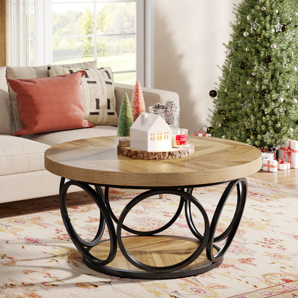 Tribesigns Coffee Table, Round Center Table with 2 Storage Shelves - Image 3