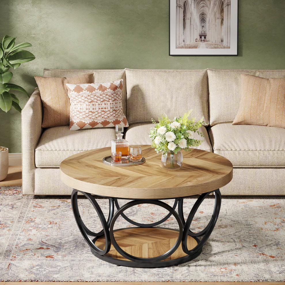 Tribesigns Coffee Table, Round Center Table with 2 Storage Shelves - Image 4