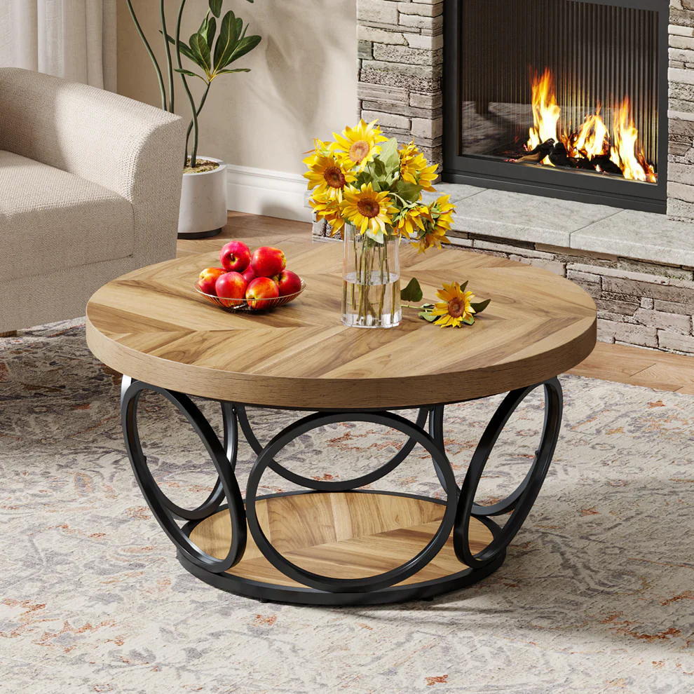 Tribesigns Coffee Table, Round Center Table with 2 Storage Shelves - Image 6