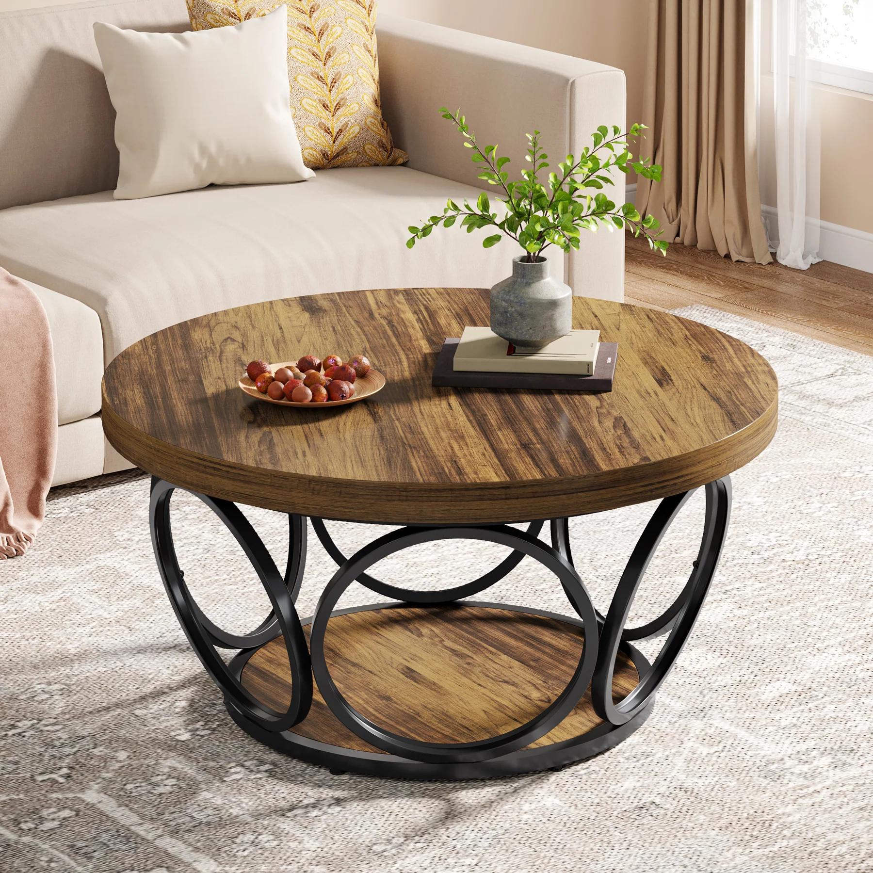 Tribesigns Coffee Table, Round Center Table with 2 Storage Shelves - Image 7