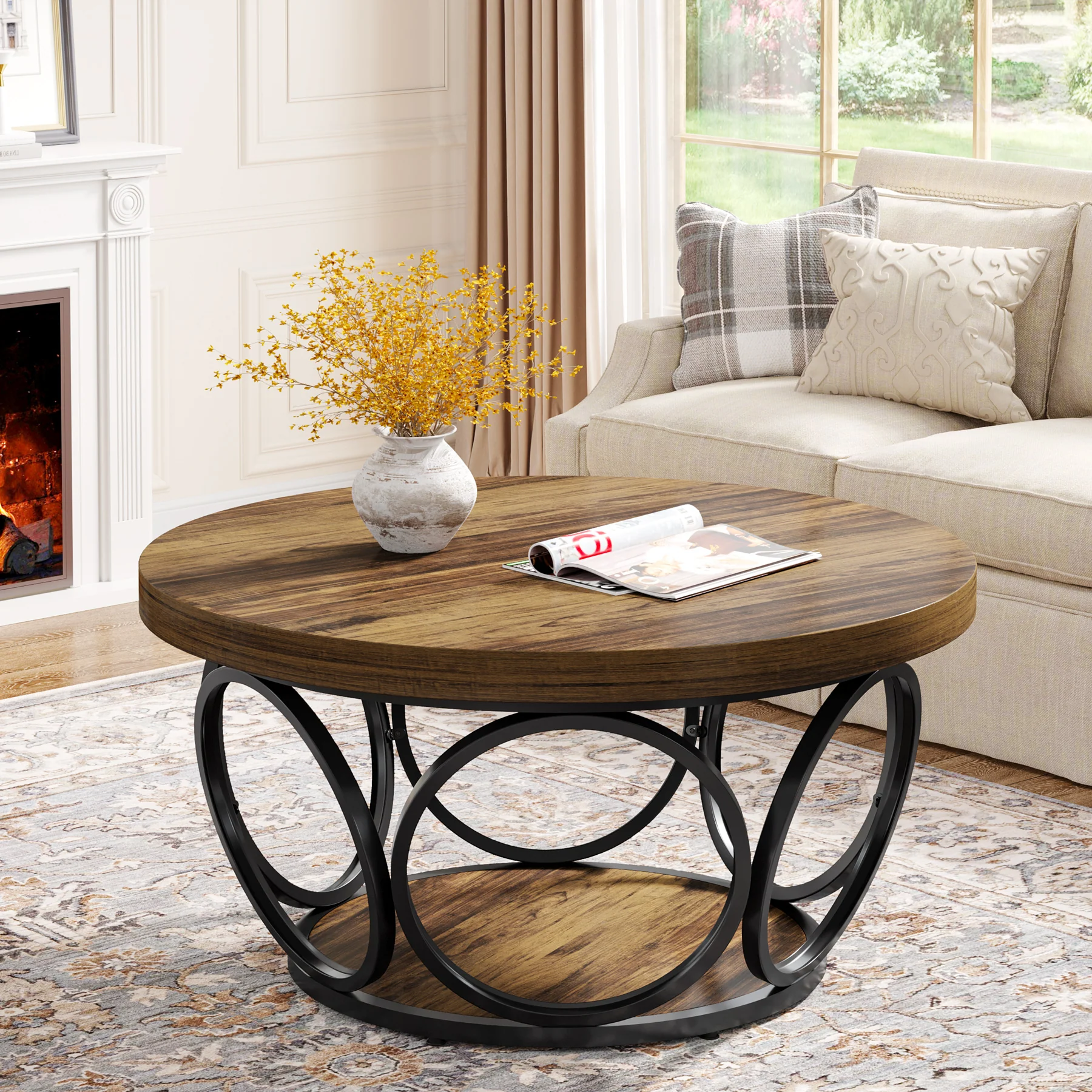 Tribesigns Coffee Table, Round Center Table with 2 Storage Shelves - Image 9