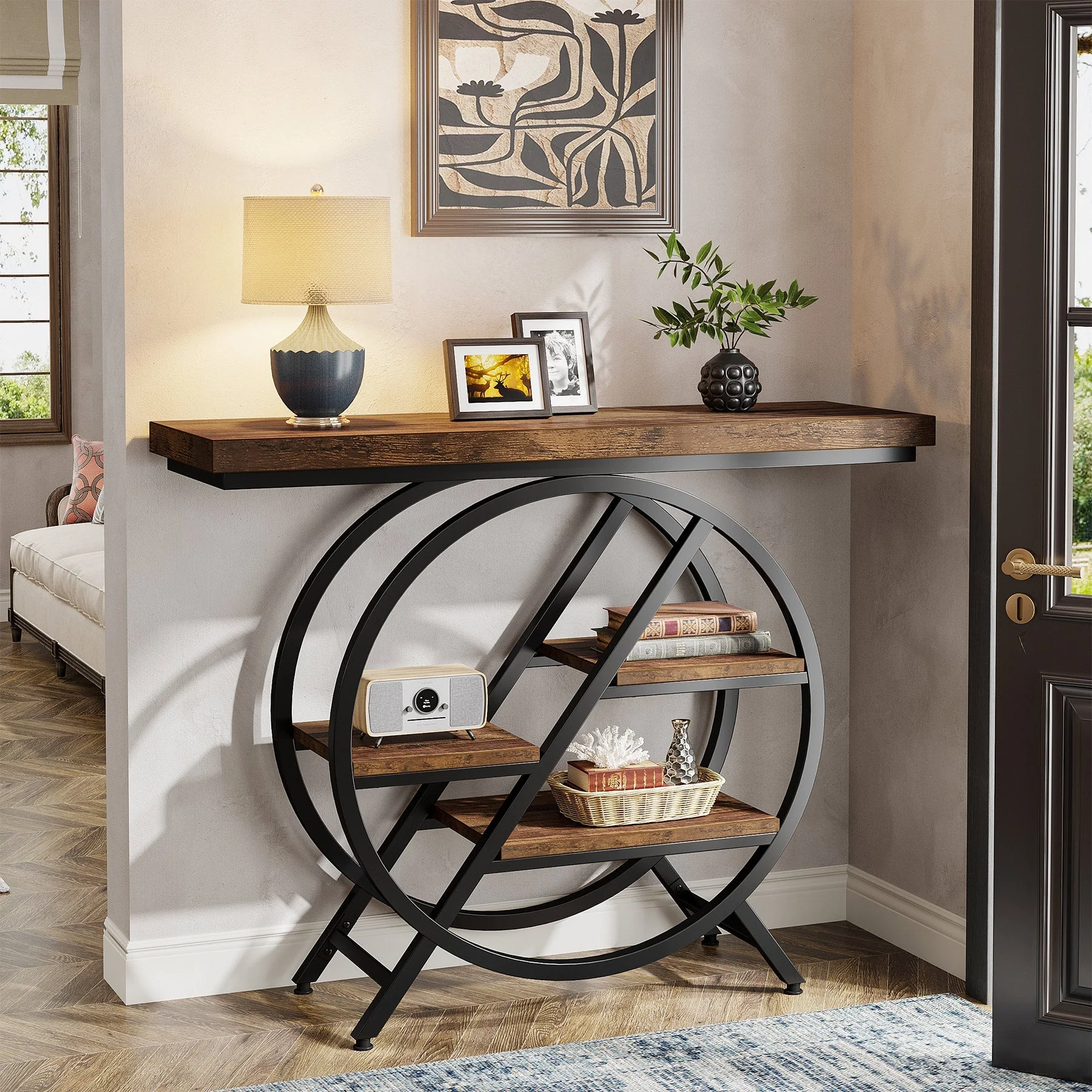 4-Tier Console Table, 39.4" Entryway Table with Geometric Metal Frame