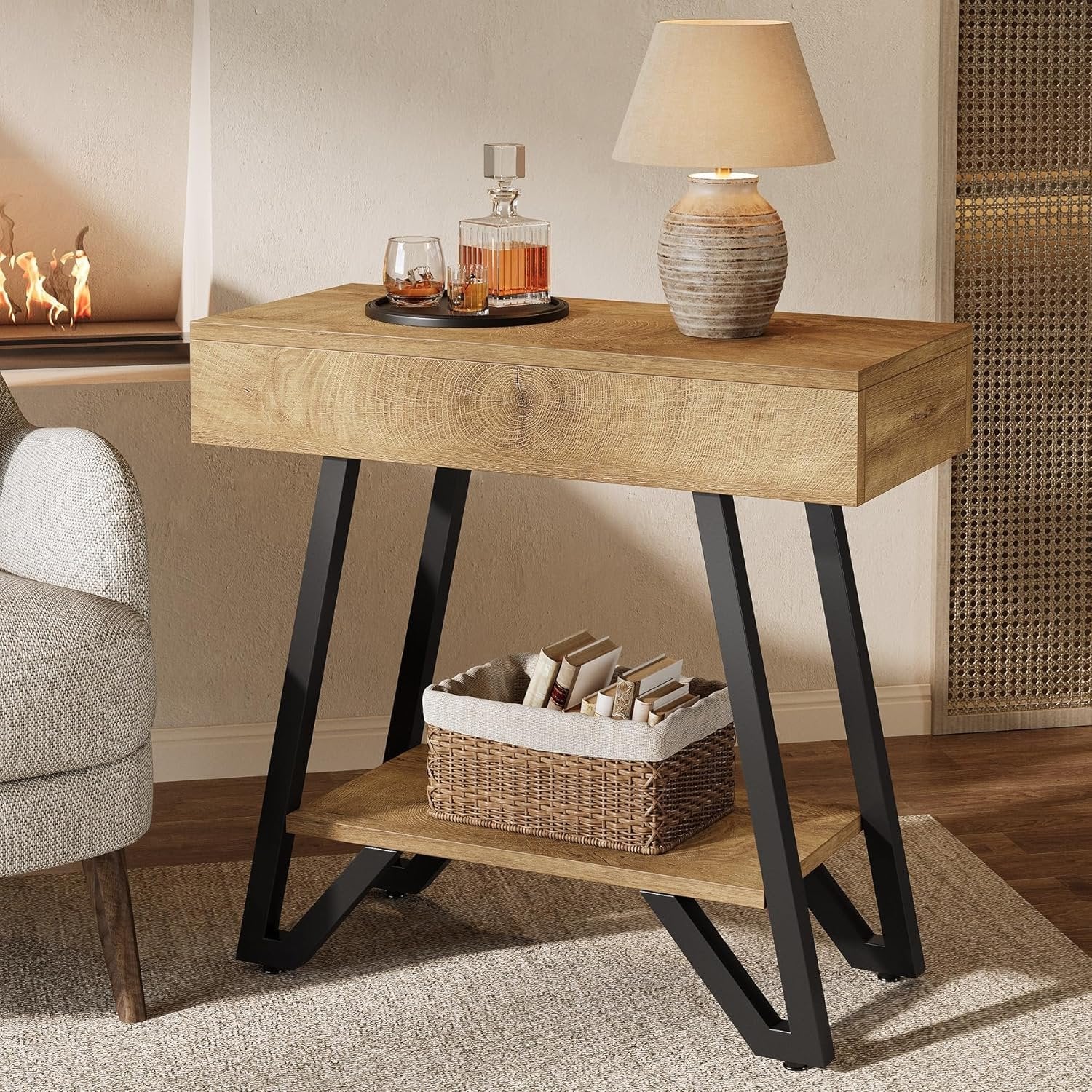 24" Natural Narrow End Table with Storage Shelf – Space-Saving Nightstand for Couch & Bedroom - Image 3