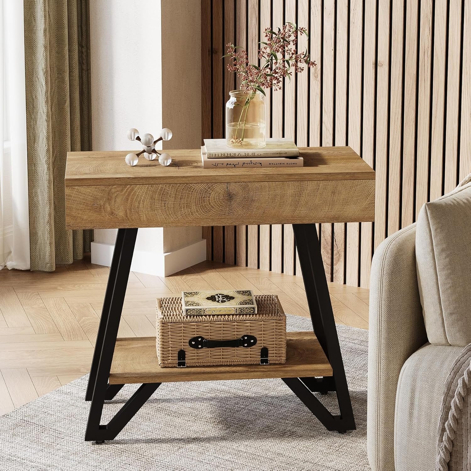 24" Natural Narrow End Table with Storage Shelf – Space-Saving Nightstand for Couch & Bedroom - Image 4