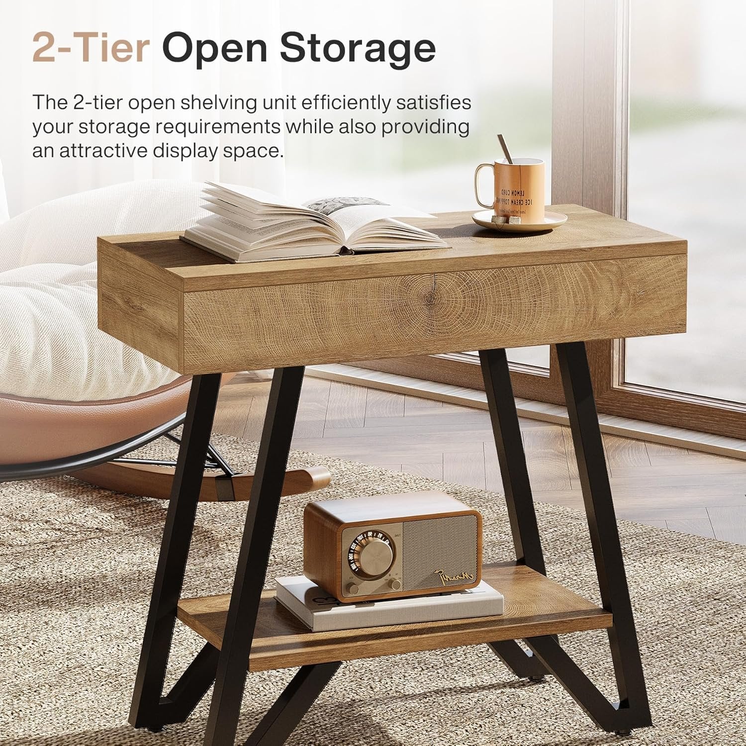 24" Natural Narrow End Table with Storage Shelf – Space-Saving Nightstand for Couch & Bedroom - Image 6