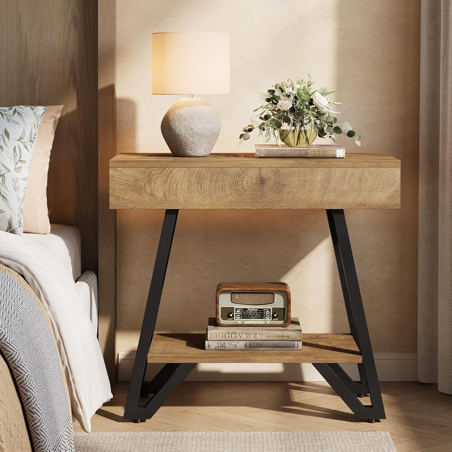 24" Natural Narrow End Table with Storage Shelf – Space-Saving Nightstand for Couch & Bedroom - Image 7