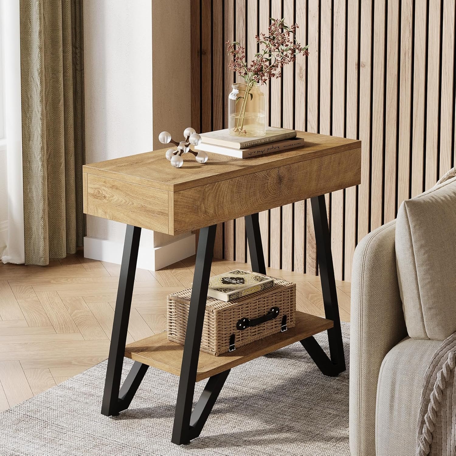 24" Natural Narrow End Table with Storage Shelf – Space-Saving Nightstand for Couch & Bedroom - Image 8