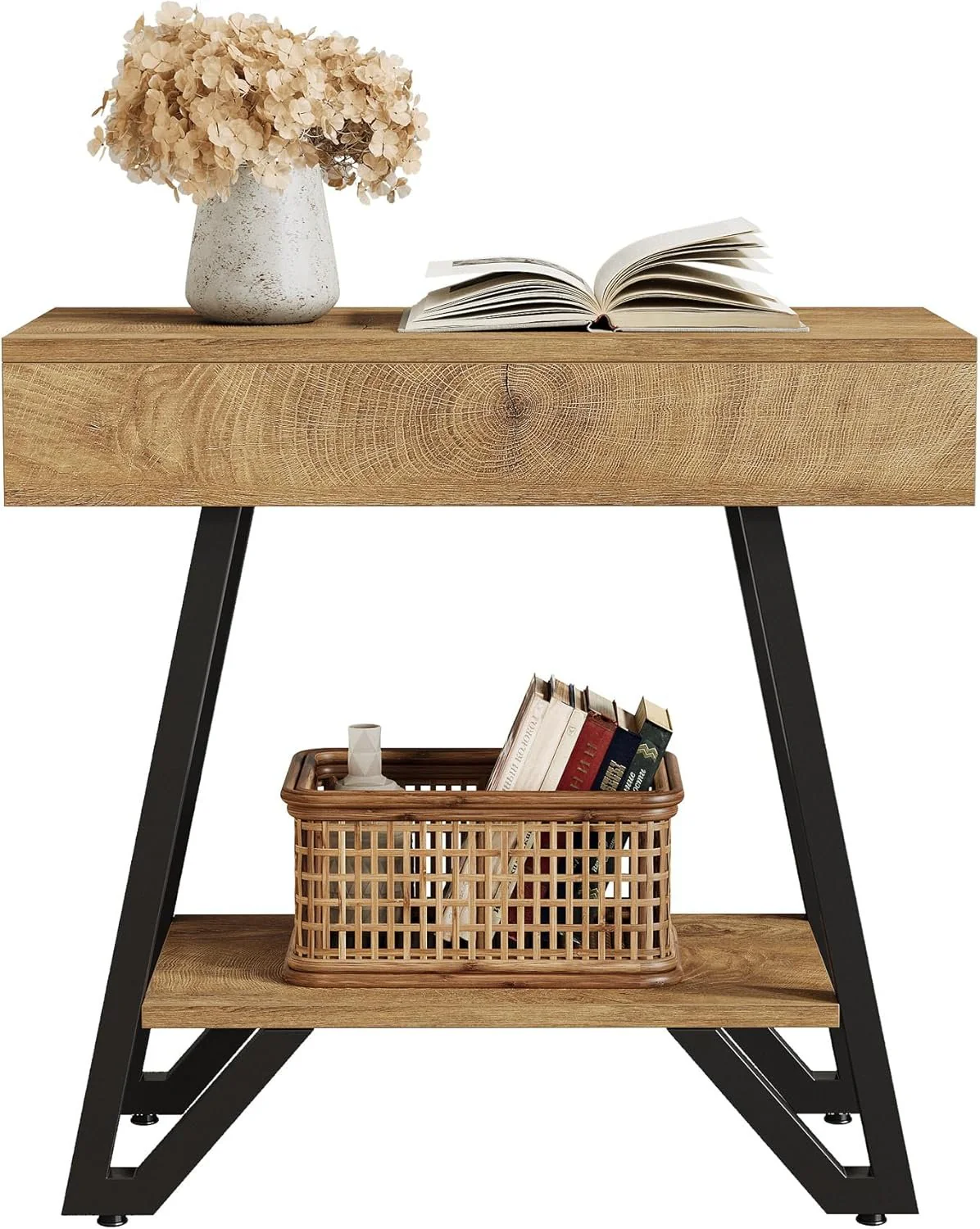 24" Natural Narrow End Table with Storage Shelf – Space-Saving Nightstand for Couch & Bedroom - Image 9
